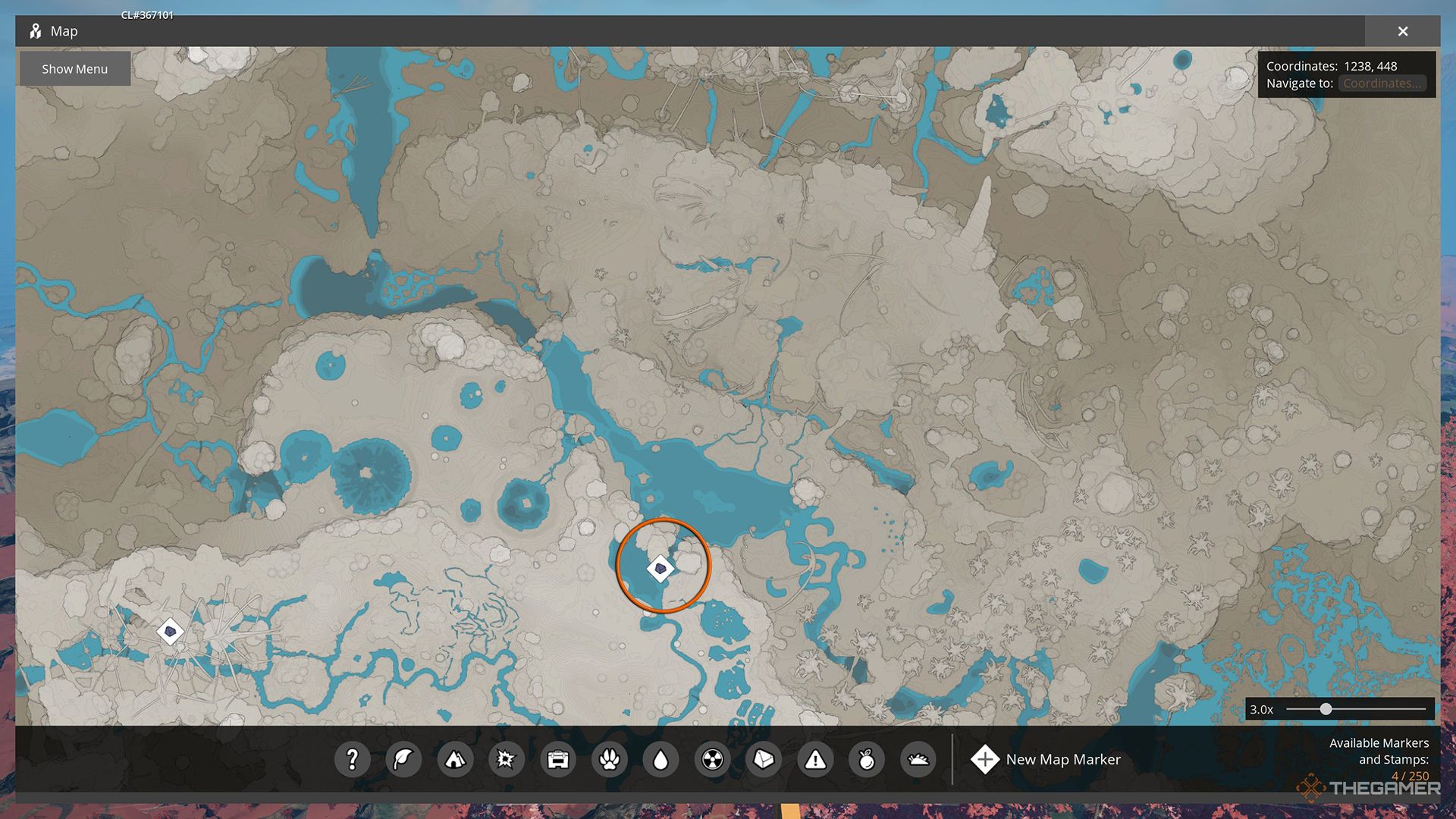 The location of the SAM node marked on the map with an orange circle in the northern forest.