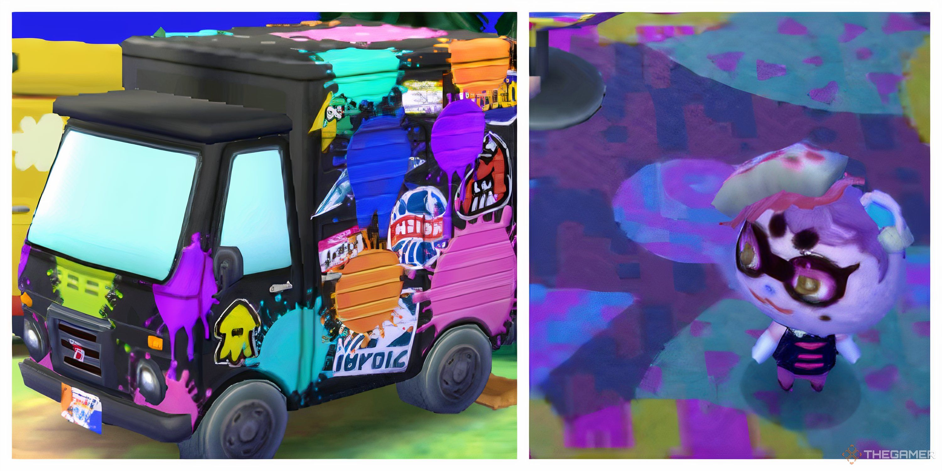 Exterior view of Cece's RV and image of Cece herself from Animal Crossing New Leaf.