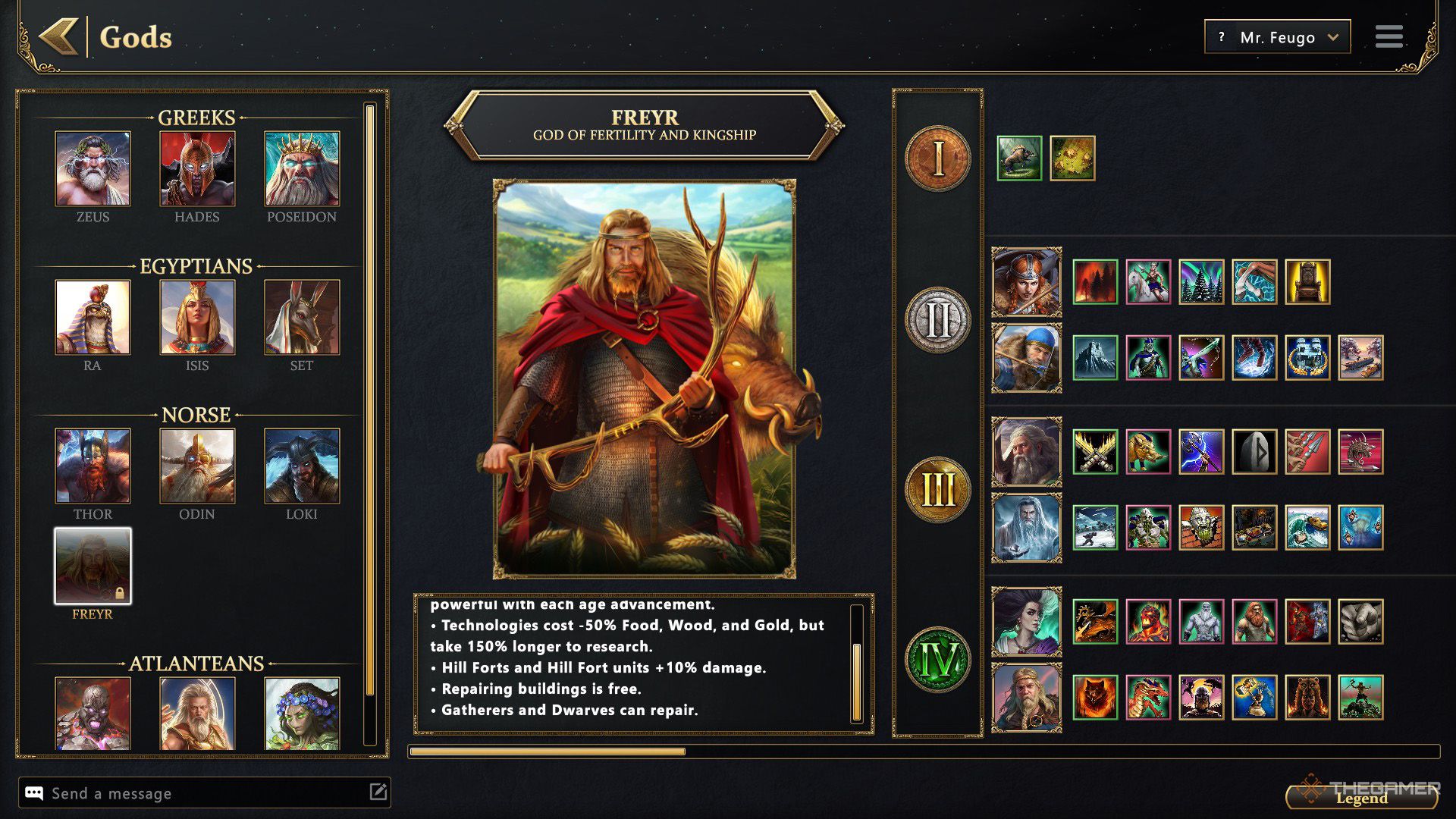 بازیکن در Age of Mythology - Retold، فریر و گزینه‌های خدای کوچکش را بررسی می‌کند.