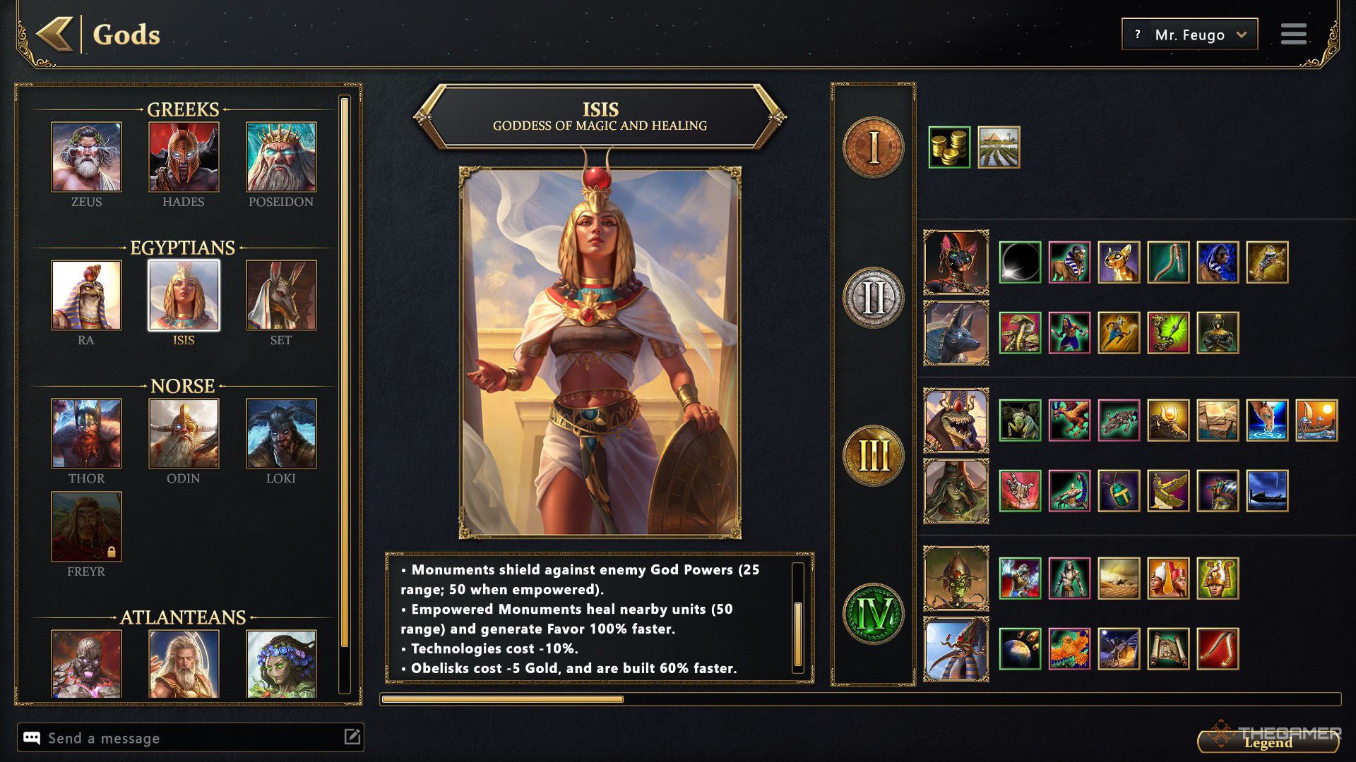 بازیکن در Age of Mythology - Retold، Isis و گزینه های خدای کوچک او را بررسی می کند.