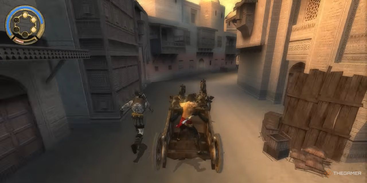 In Prince of Persia: The Two Thrones, the prince is riding in a chariot with his enemies.