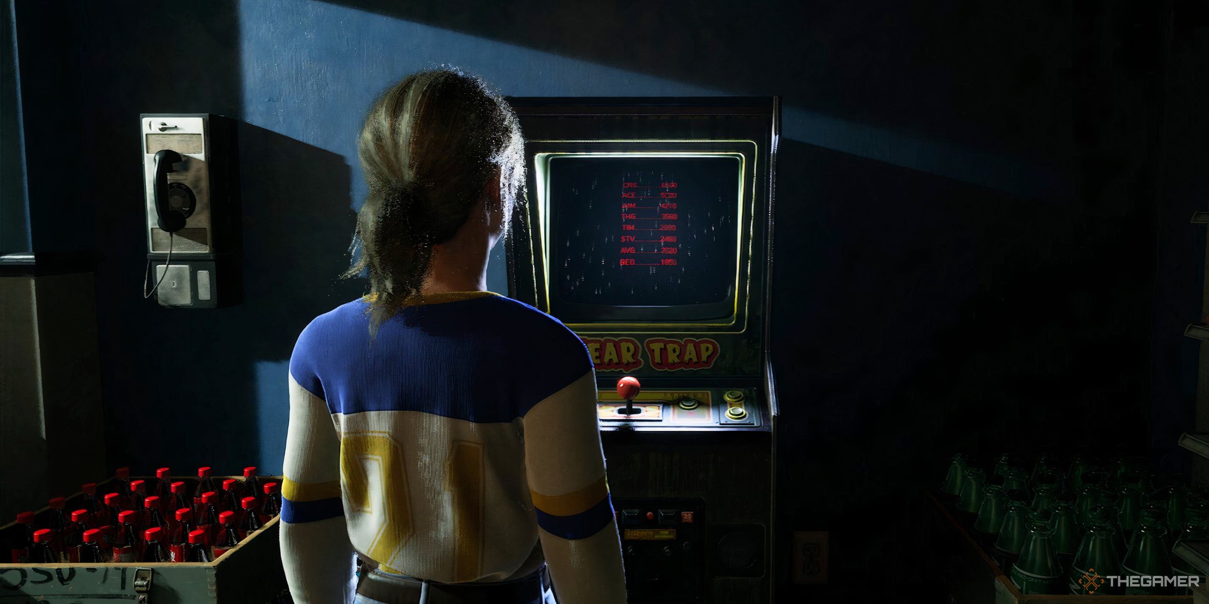 A woman stands in front of a colorful video game machine in The Casting of Frank Stone.
