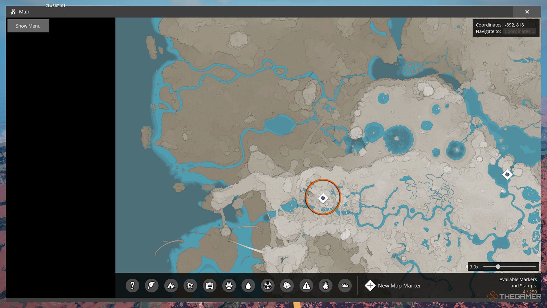 The location of the SAM node is marked on the map with an orange circle in the rocky desert.