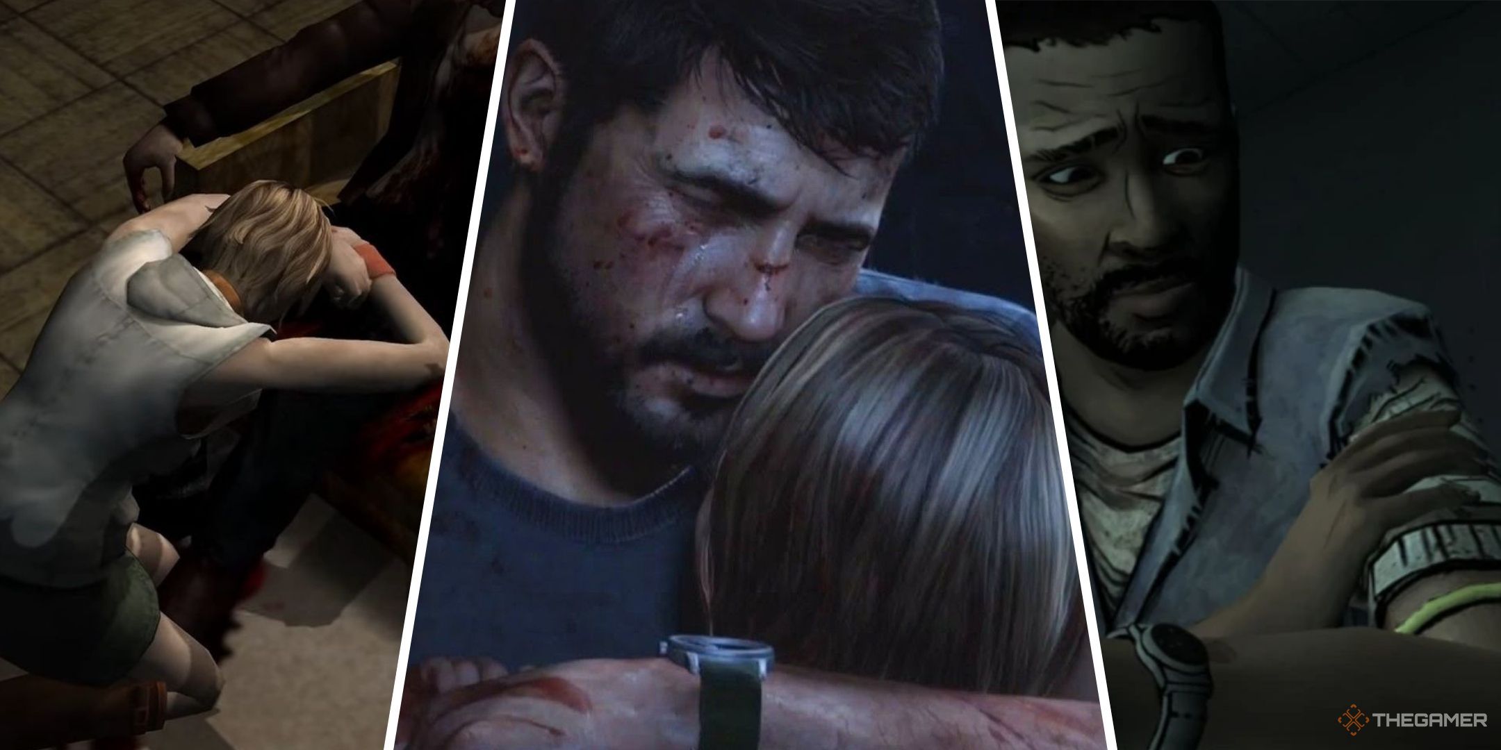 Saddest Deaths In Horror Games Feature Image With Heather Mason Crying Over Her Father's Body, Joel Holding His Daughter Sarah In His Arms In The Last Of Us, And Lee Looking At His Bite In The Walking Dead.