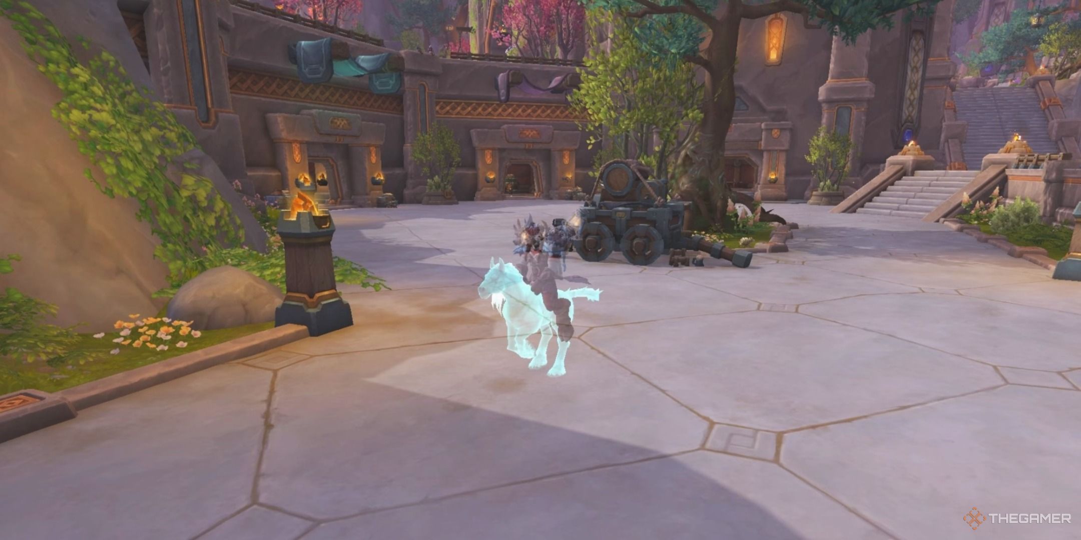 The Hanna's Locket toy in use, with the holographic horse it summons being ridden by a Highmountain Tauren druid through the streets of Dornegal.