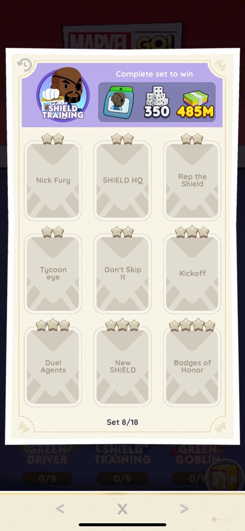 Shield Training sticker album in Monopoly Go in Marvel Go.