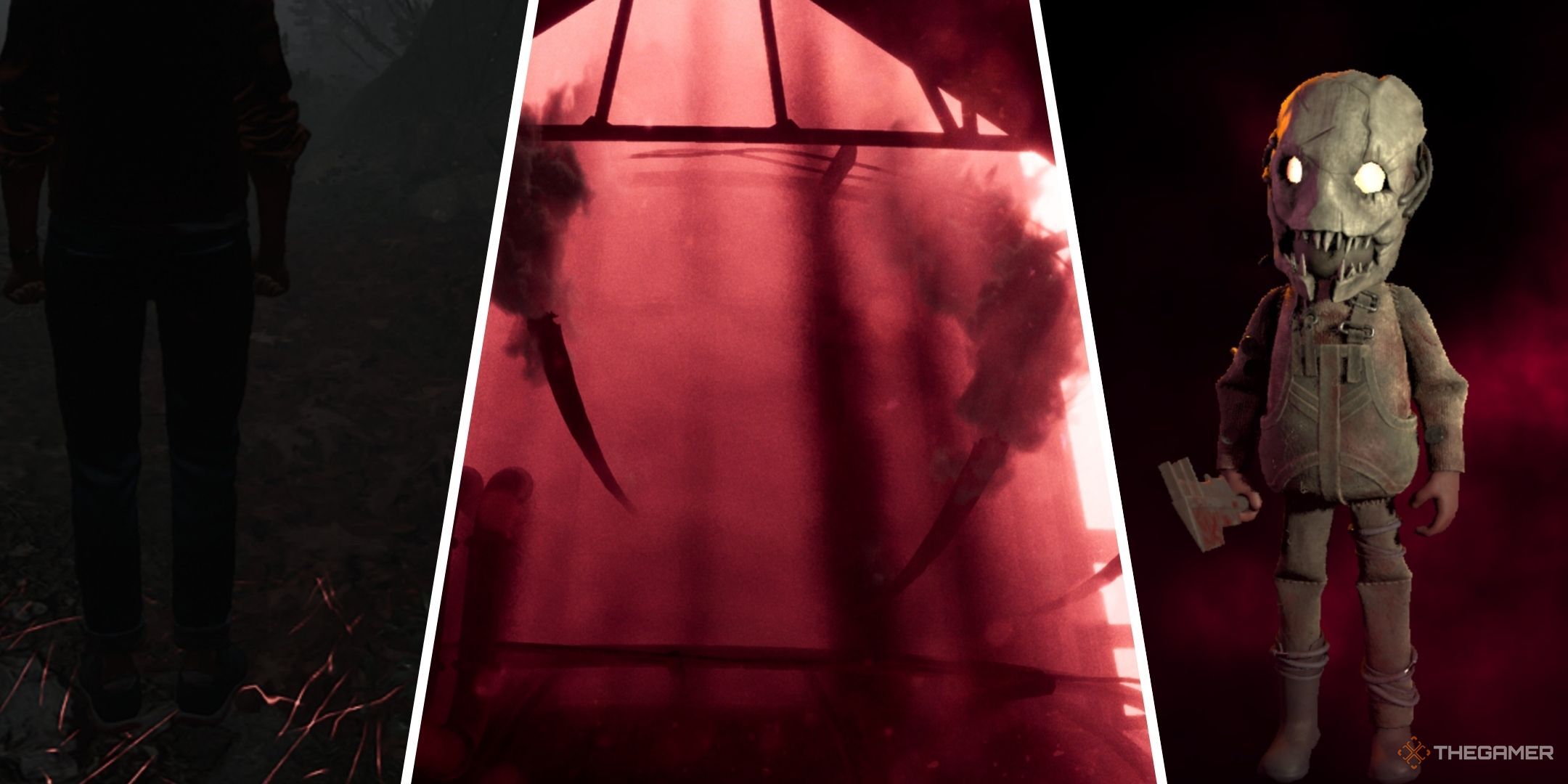 Three-image collage of the glowing red scratches underneath Madi's feet, The Entity encompassed in a red fog in the furnace room of the Cedar Steel Mill, and the DBD Trapper doll Rellik.