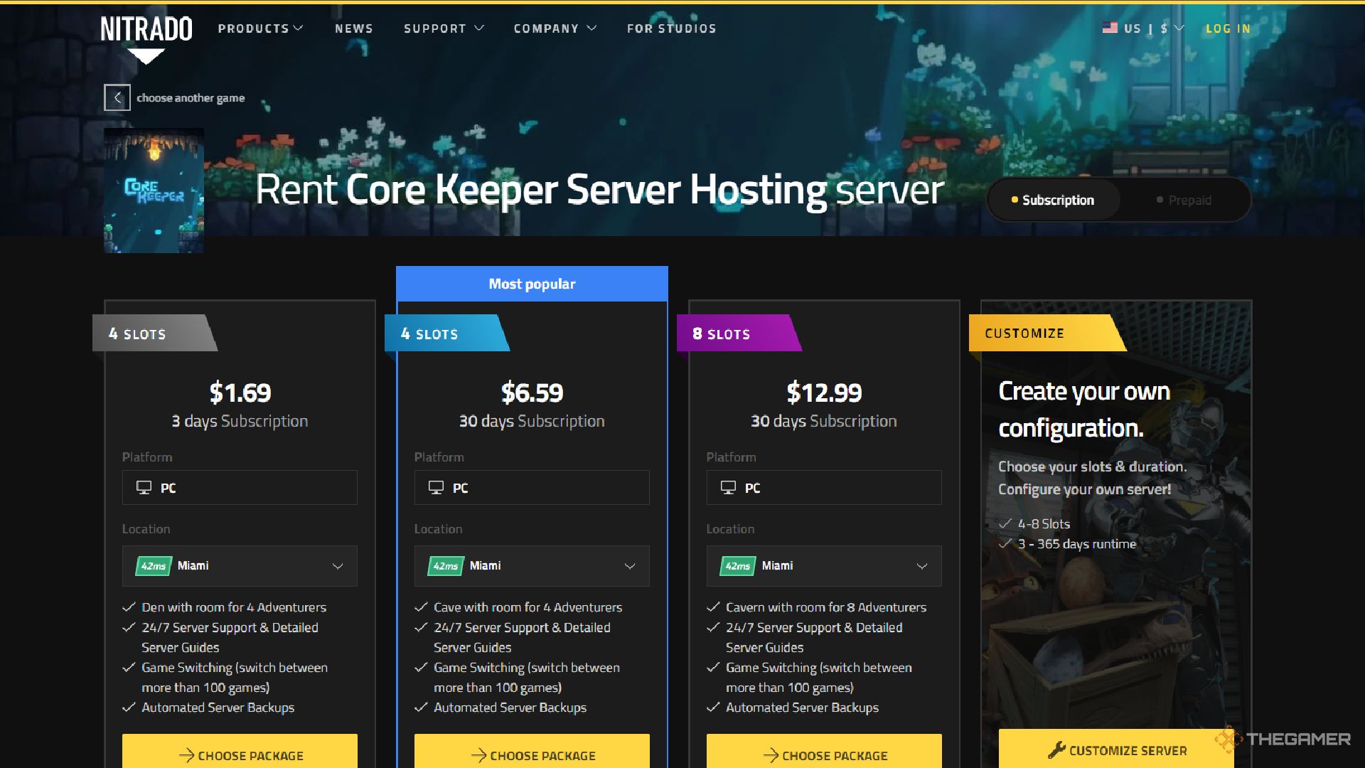 The dedicated server purchase screen for Core Keeper on Nitrado.