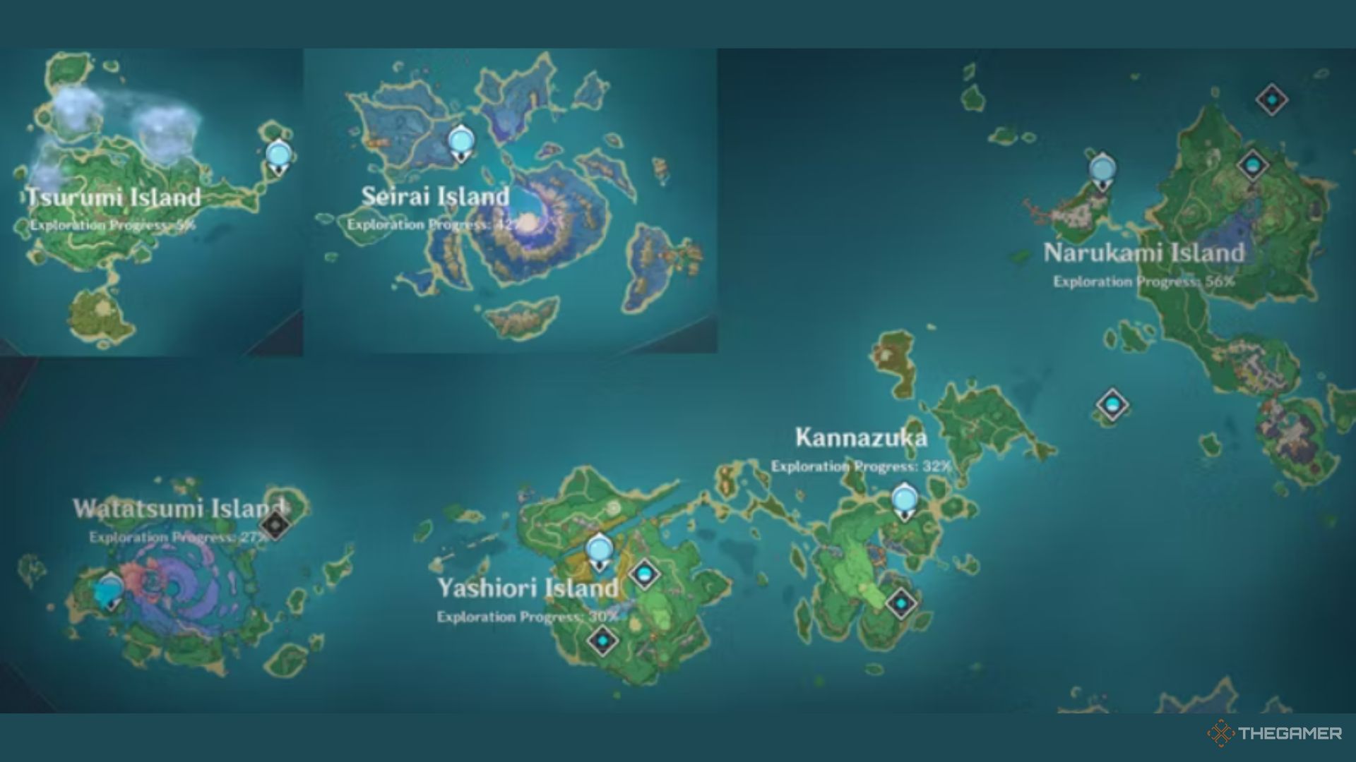 The Inazuma Statues of Seven are set upon each of the islands, as seen on the Genshin Impact map