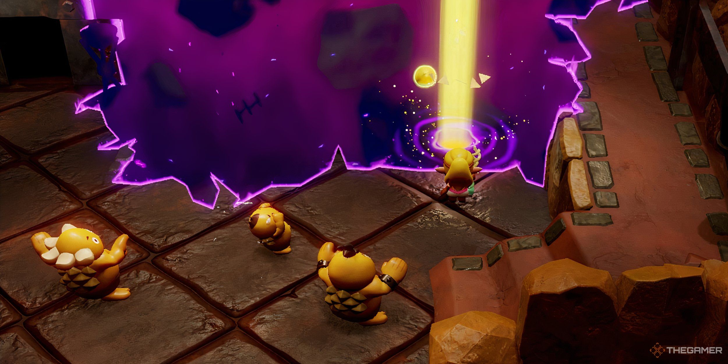 Tri opens an entrance to Stilled Goron City's Rift with Zelda and several Gorons standing nearby.