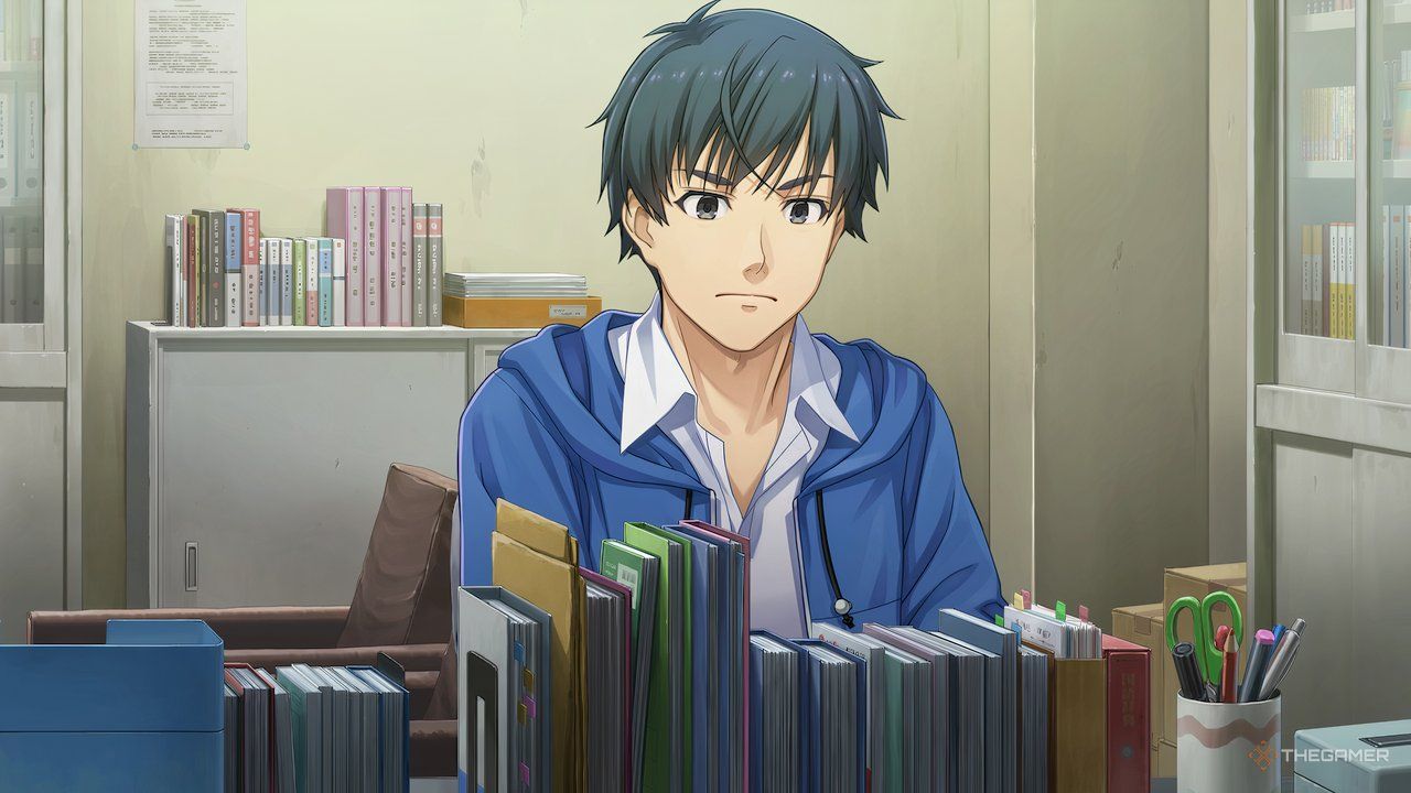 The protagonist contemplates the clues to a crime at the detective agency in Emio The Smiling Man