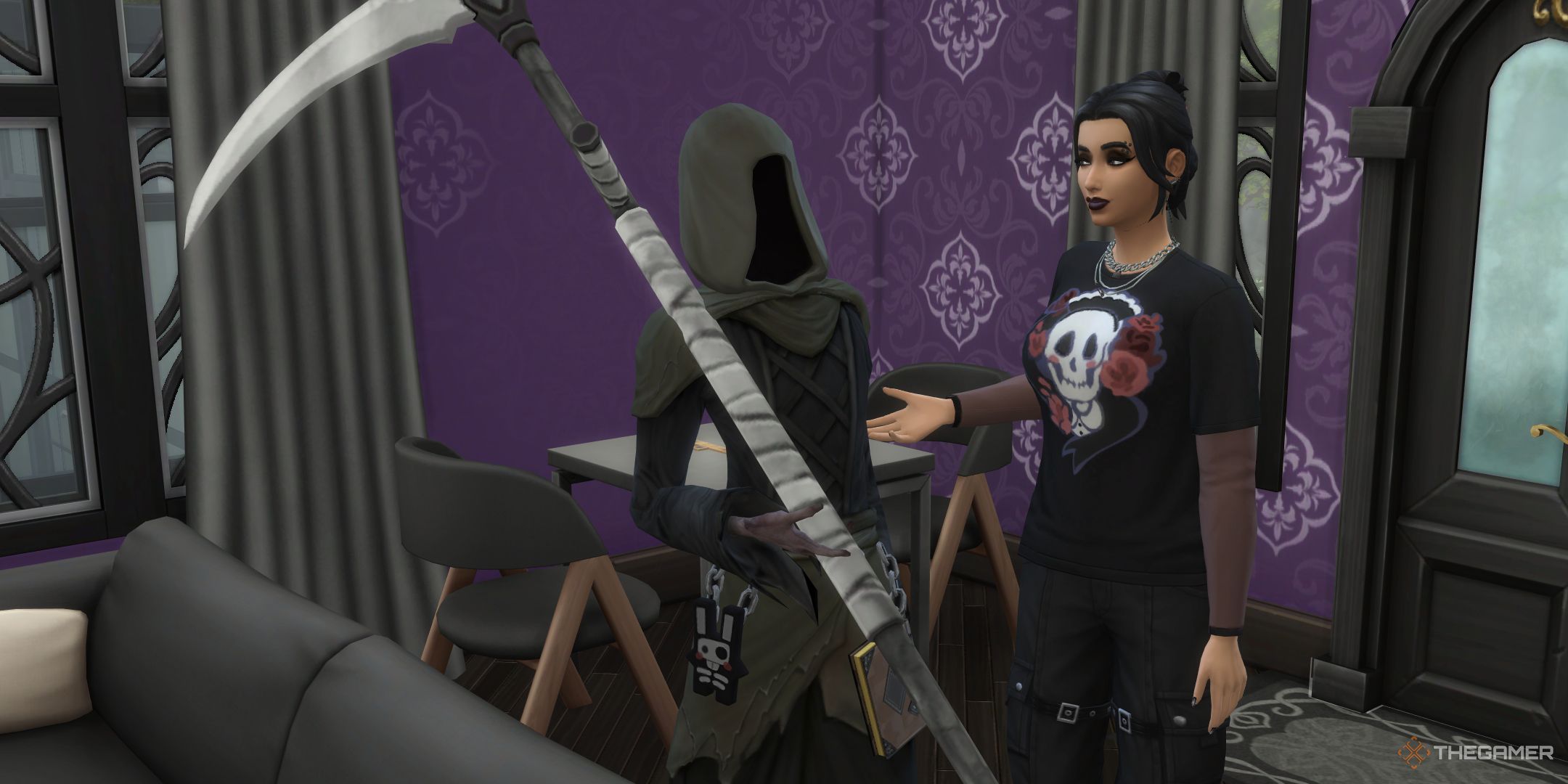 The Sims 4 A Gothic Sim talks to the Grim Reaper in her house.