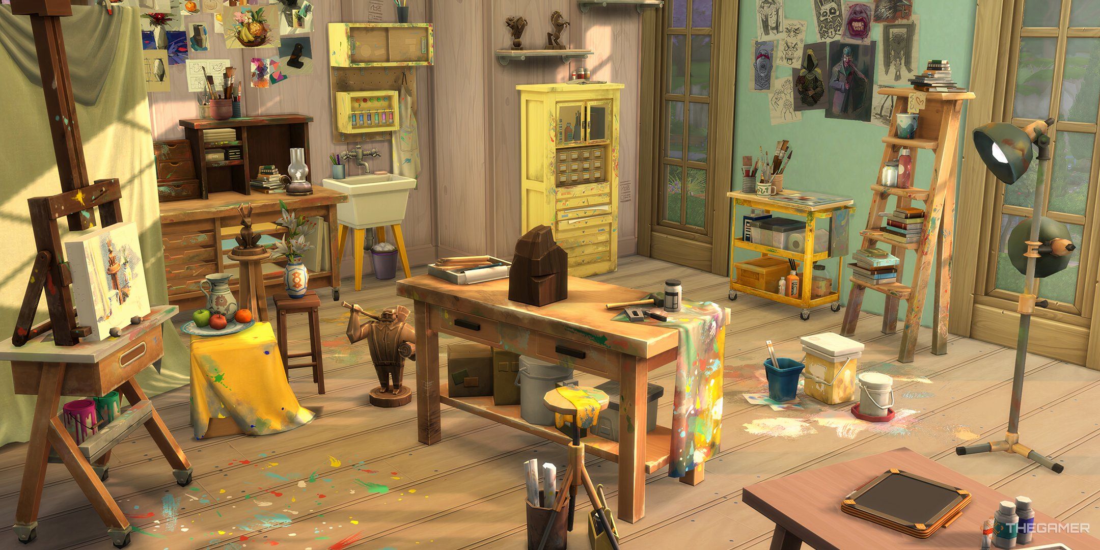 The Sims 4 Artist Studio Bright Studio setting using items from the kit.