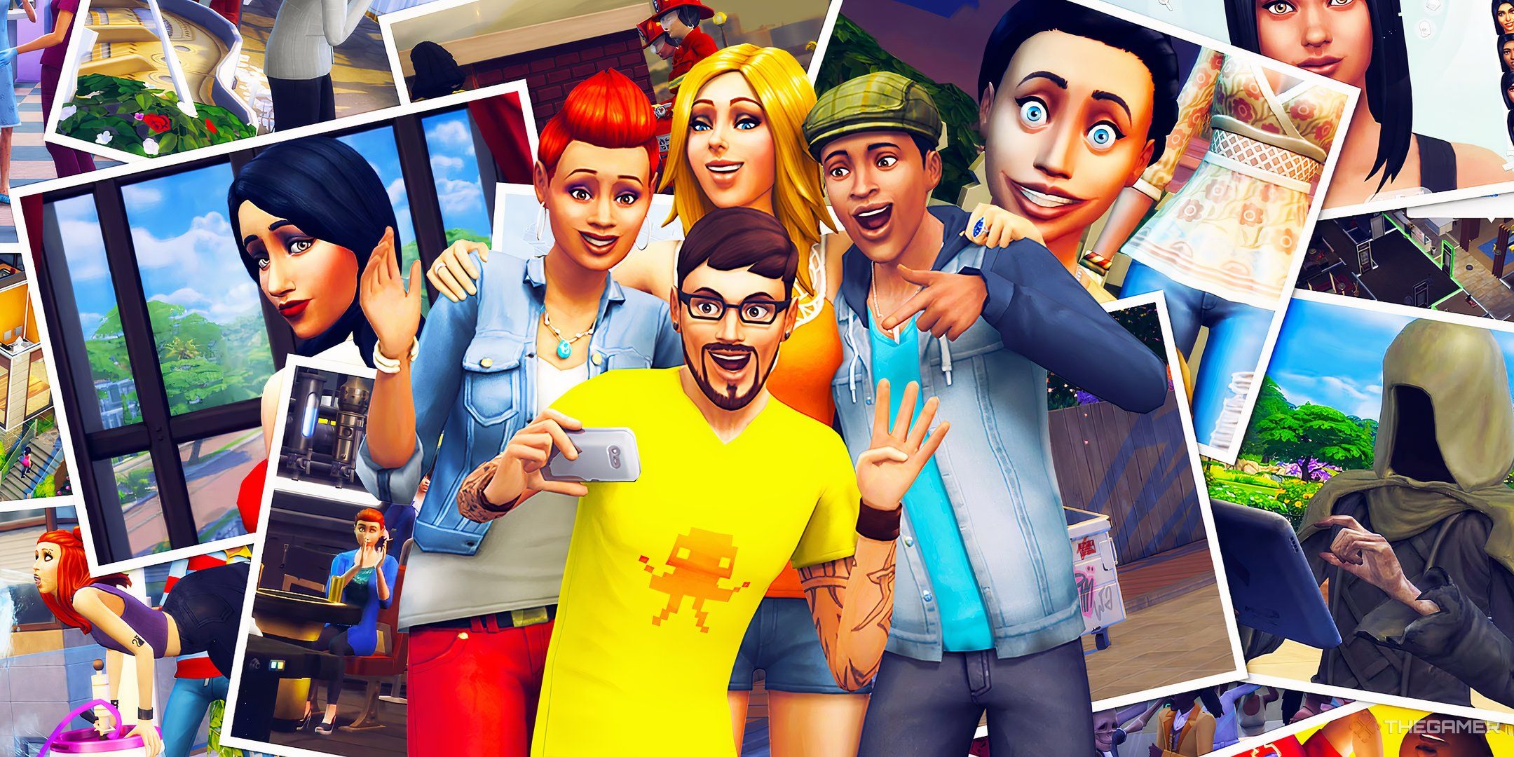 The Sims 4 retrospective collage of images with four sims taking a selfie in the middle.