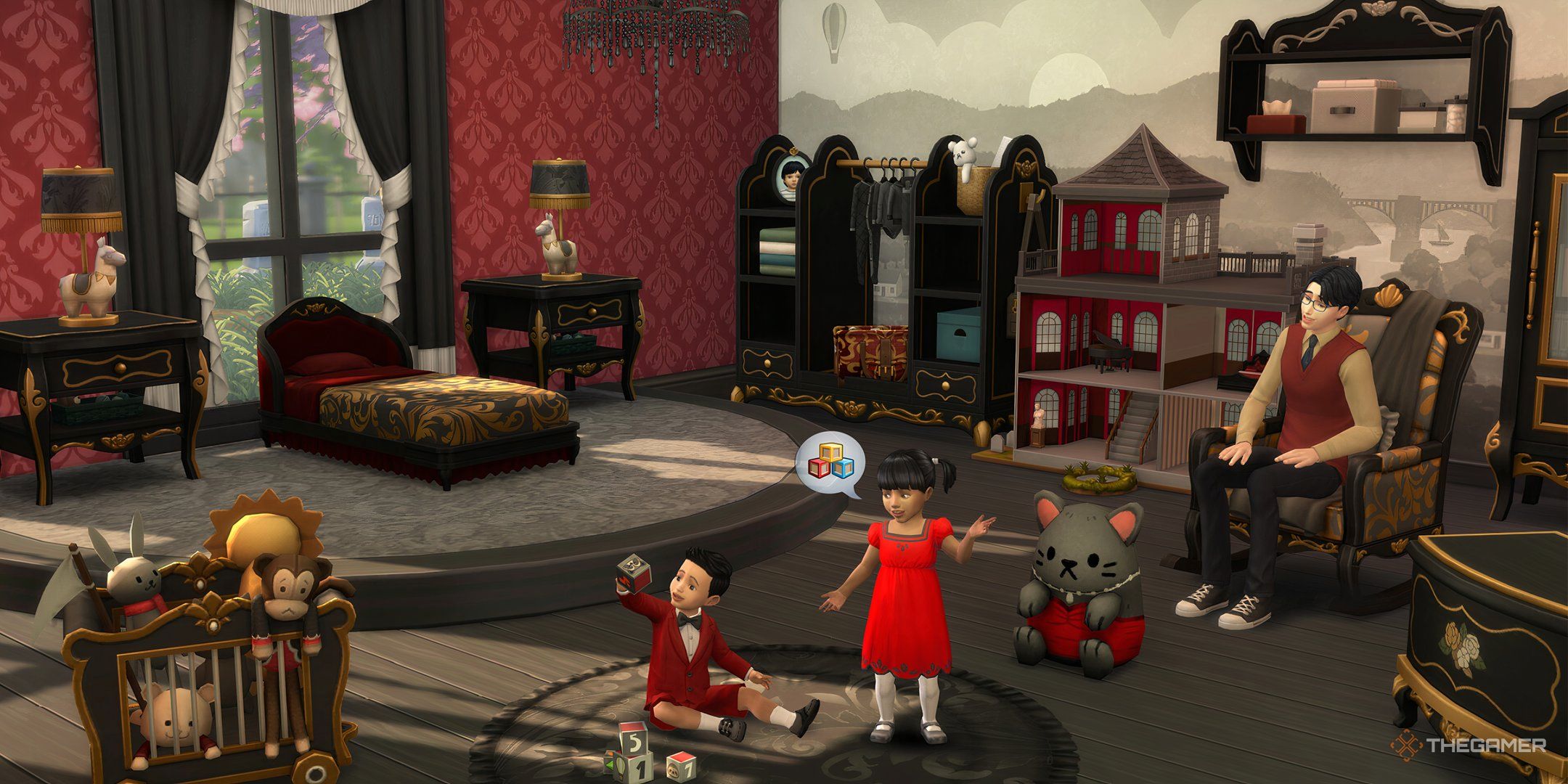 The Sims 4 Storybook Nursery Room With Goth Kids playing in front of their father.