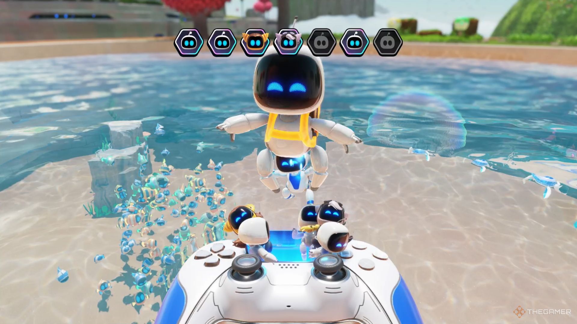 Astro Bot. The Sky Garden Level. Rescuing the bot in the pool.