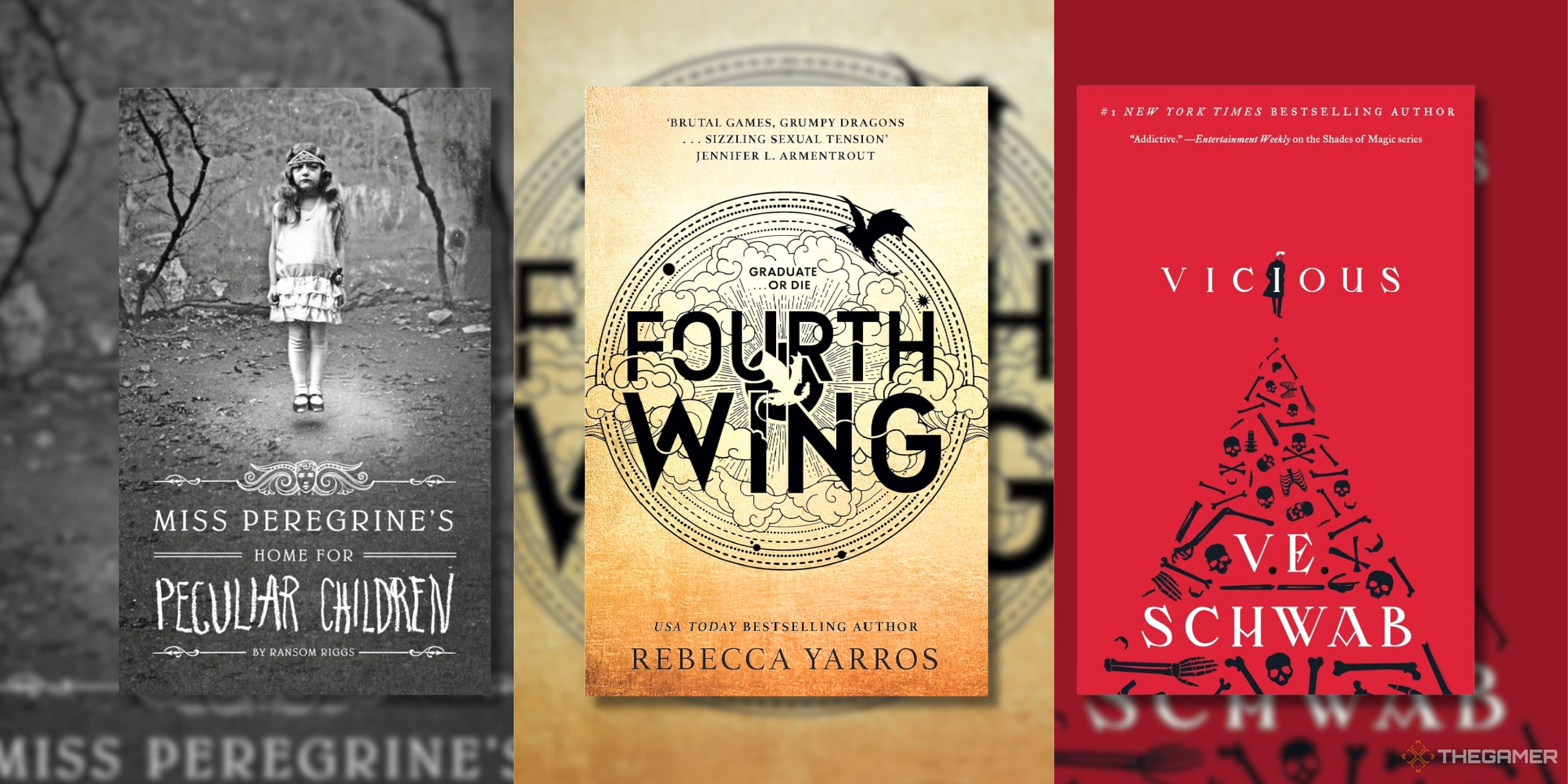 Three Books Side by Side - Peculiar Children, Fourth Wing, Vicious