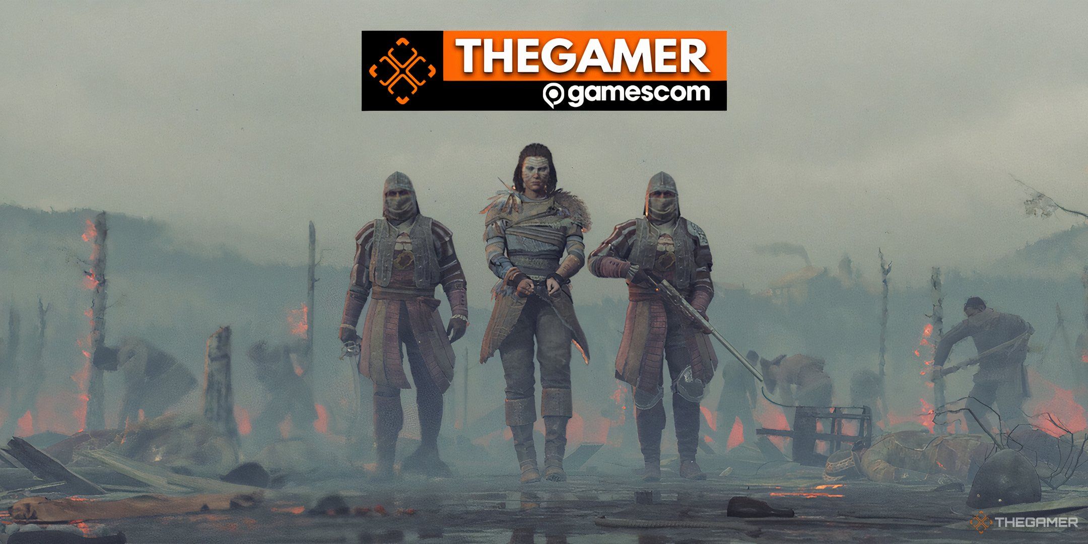 Three characters walking forwards in GreedFall 2 with the Gamescom logo at the top of the image.