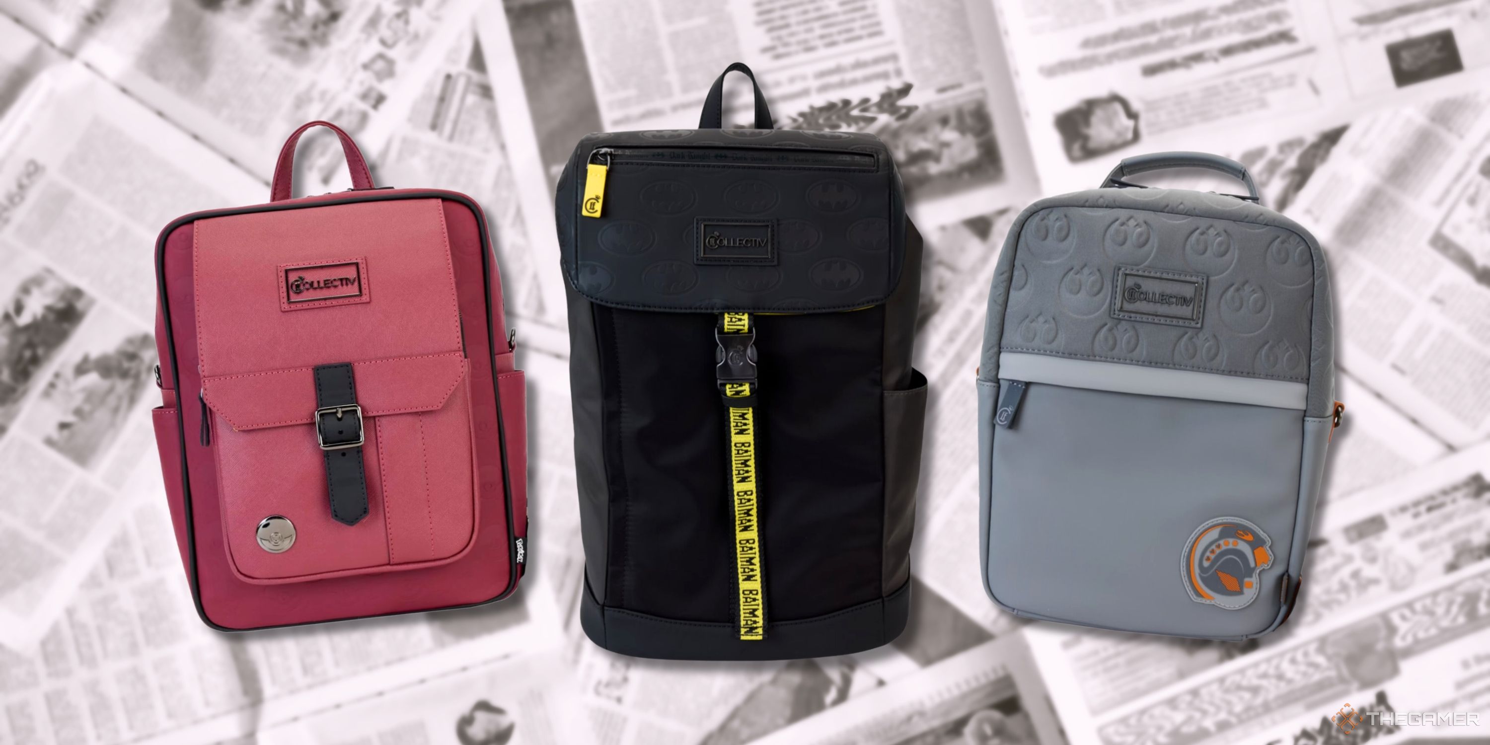 Three loungefly backpacks - red, black, grey - set on a newspaper background