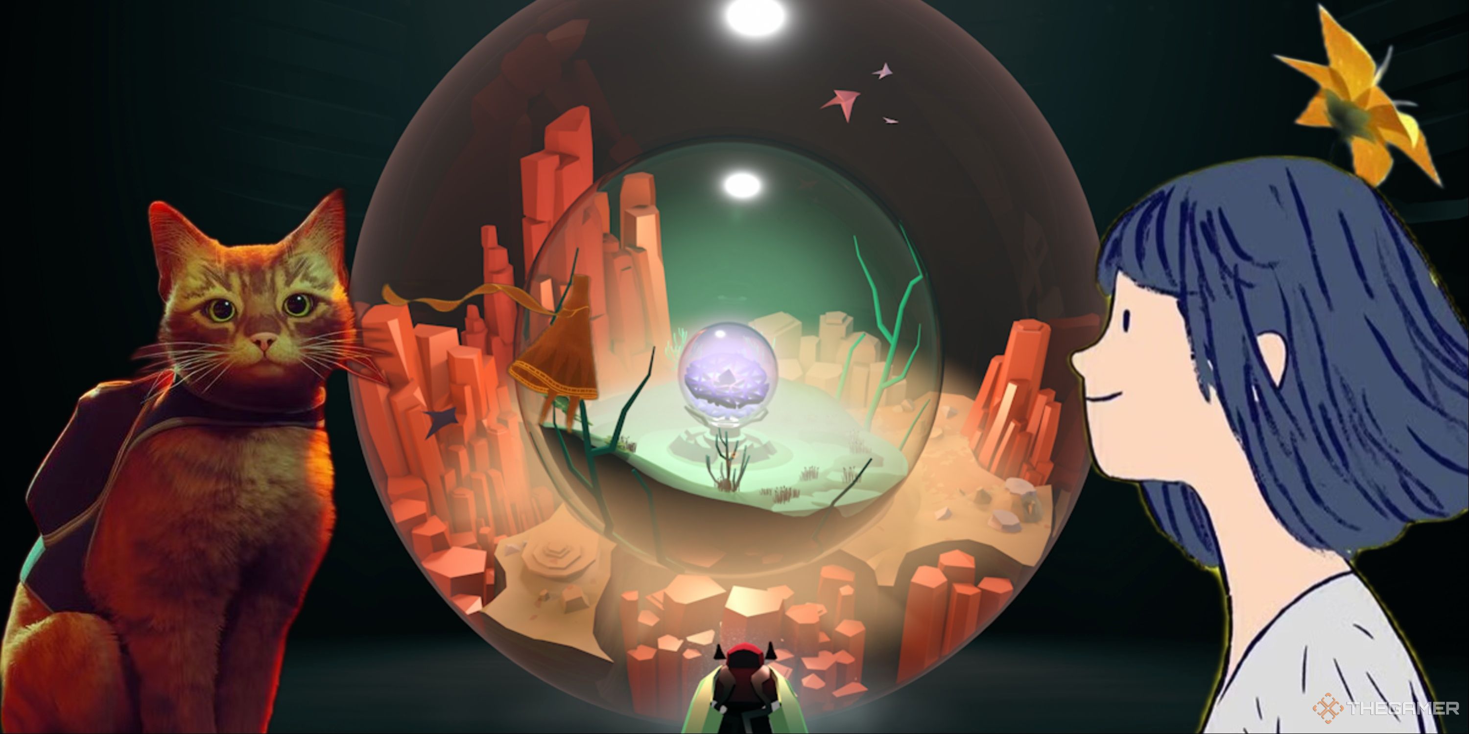 Cocoon In The Center With Journey's Protagonist Inside The Orb And The Cat From Stray On One Side And Florence With The Flower From Flower In Her Hair On The