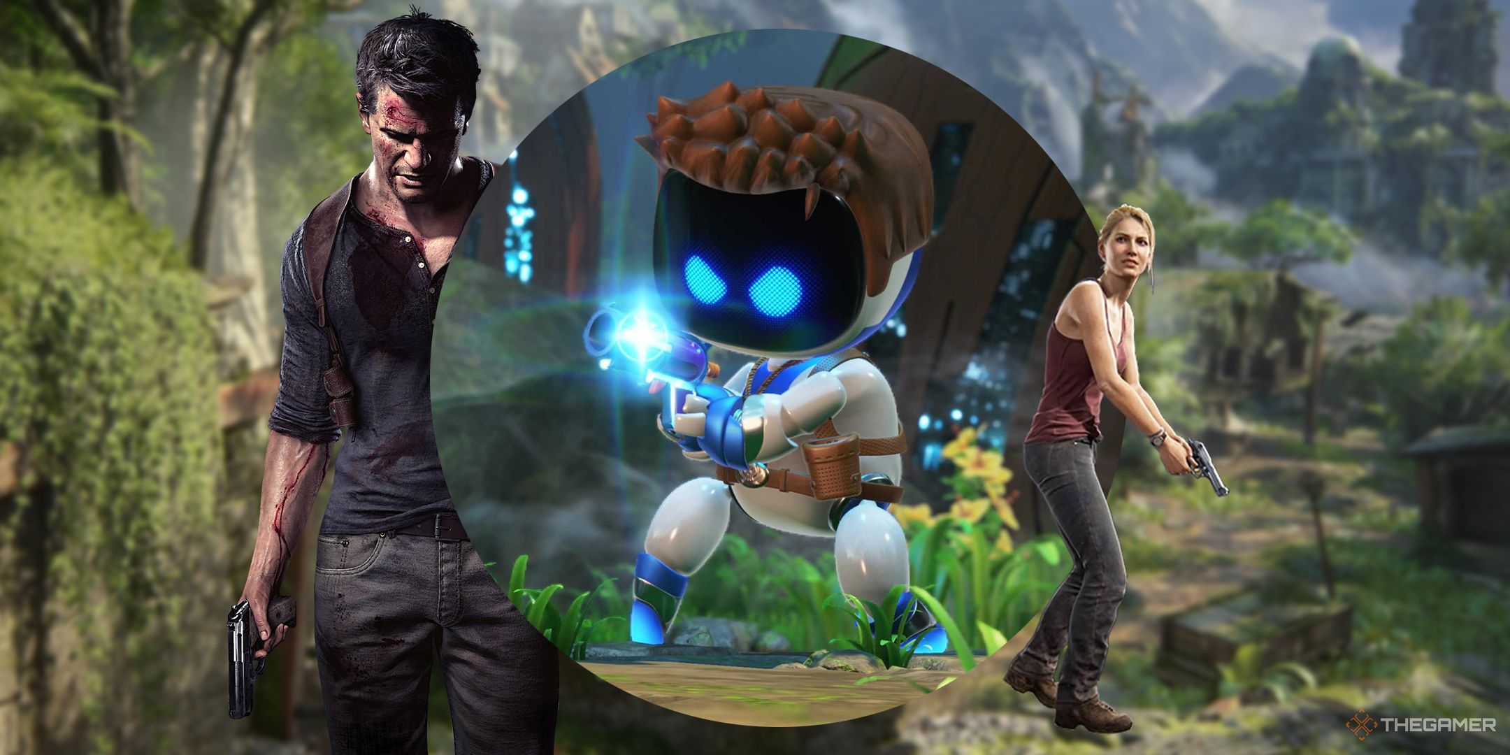 Nathan Drake, Astro Bot as Nathan Drake, and Elena Fisher from Uncharted.