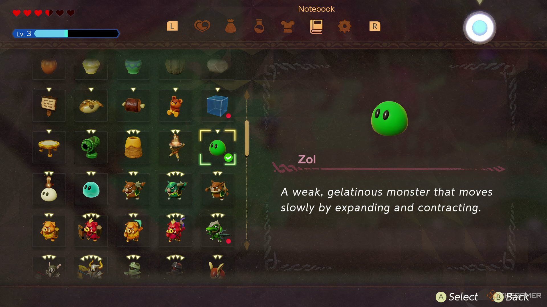 The Echoes inventory screen in Echoes of Wisdom shows Zol. 