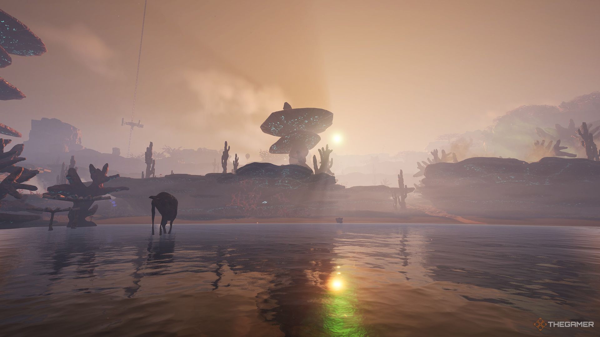 A screenshot of a lake and a beach with mushroom-like plants against a background of sunrise.