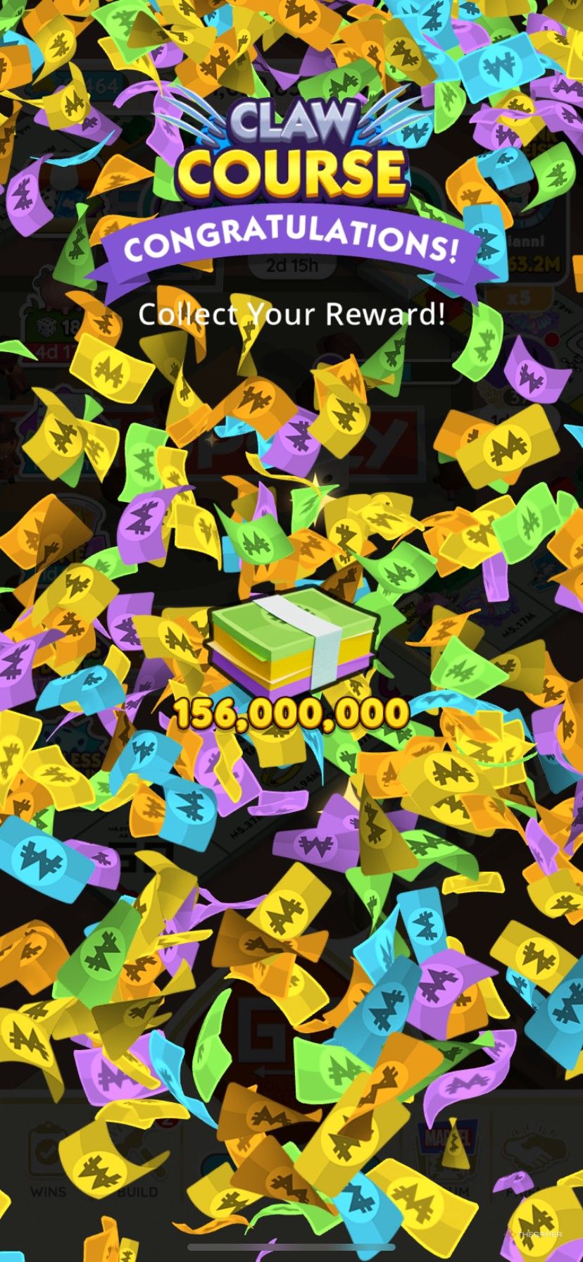 Winning money as a reward in Claw Course in Monopoly Go.