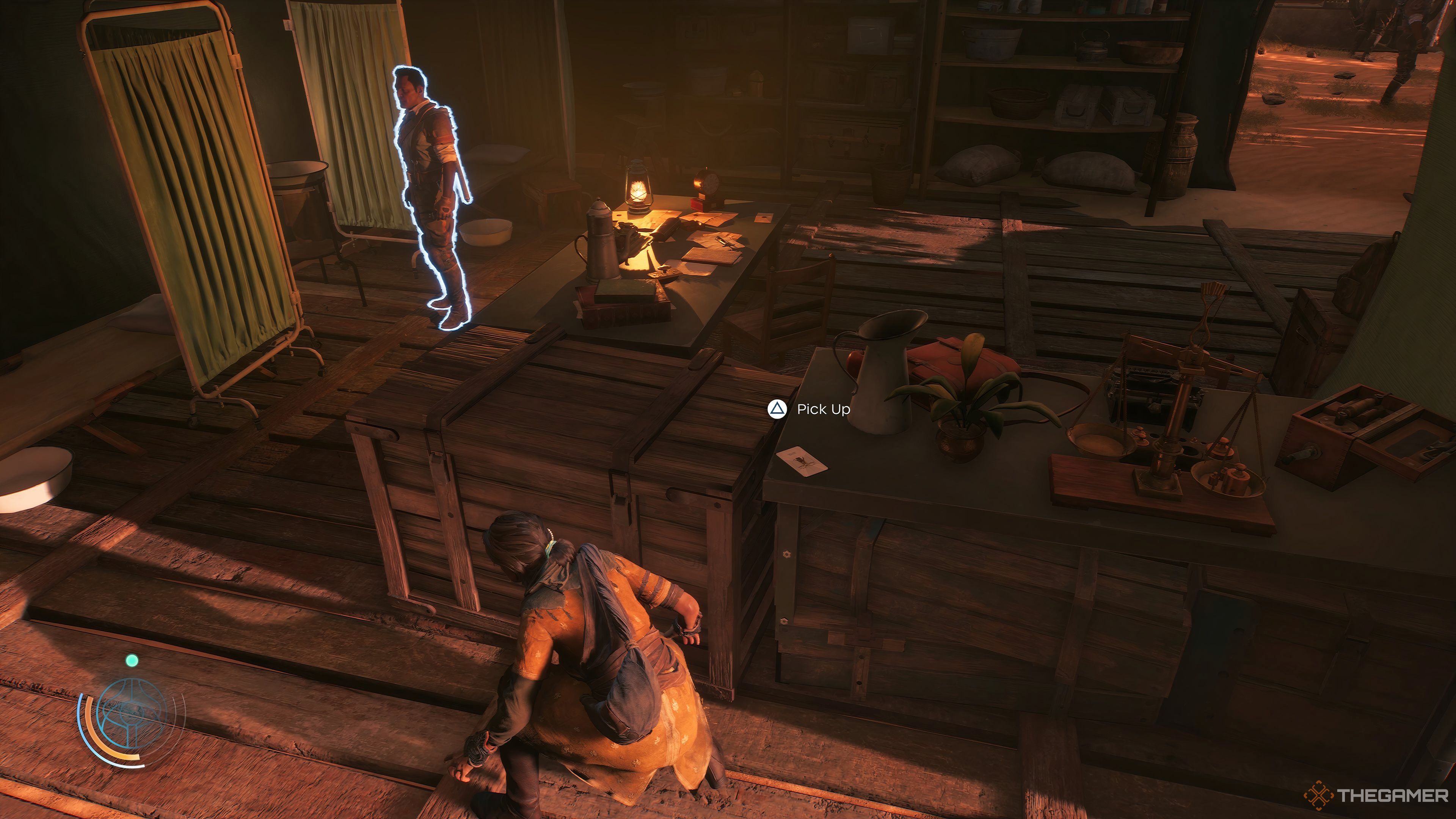 Haroona crouching down by an Ascension Card on a table near a scale in Unknown 9: Awakening.