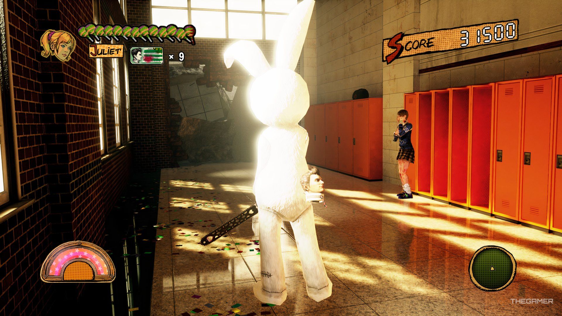 An SOS Student standing near some lockers. You can destroy these to get a Golden Lollipop.