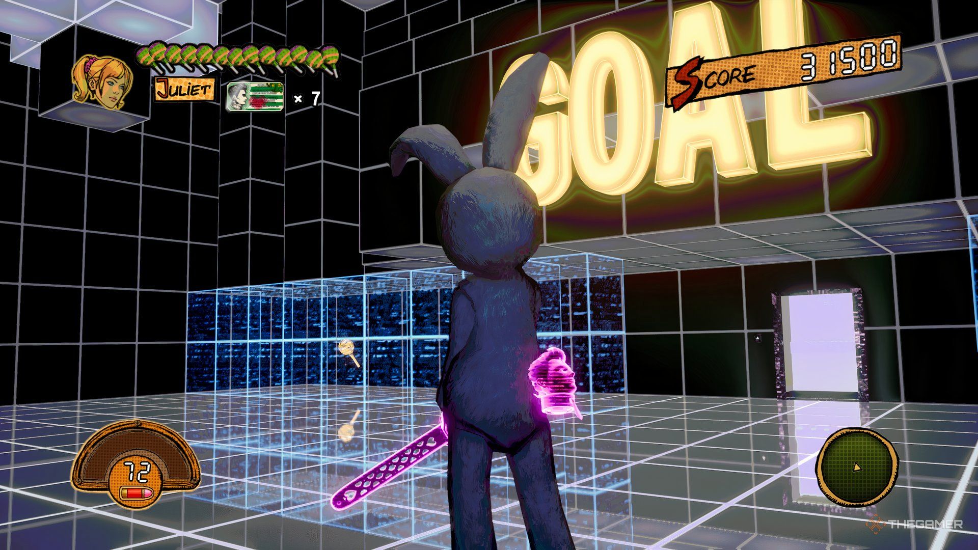 A Golden Lollipop near the left side of the exit in the Arcade game you are stuck in.