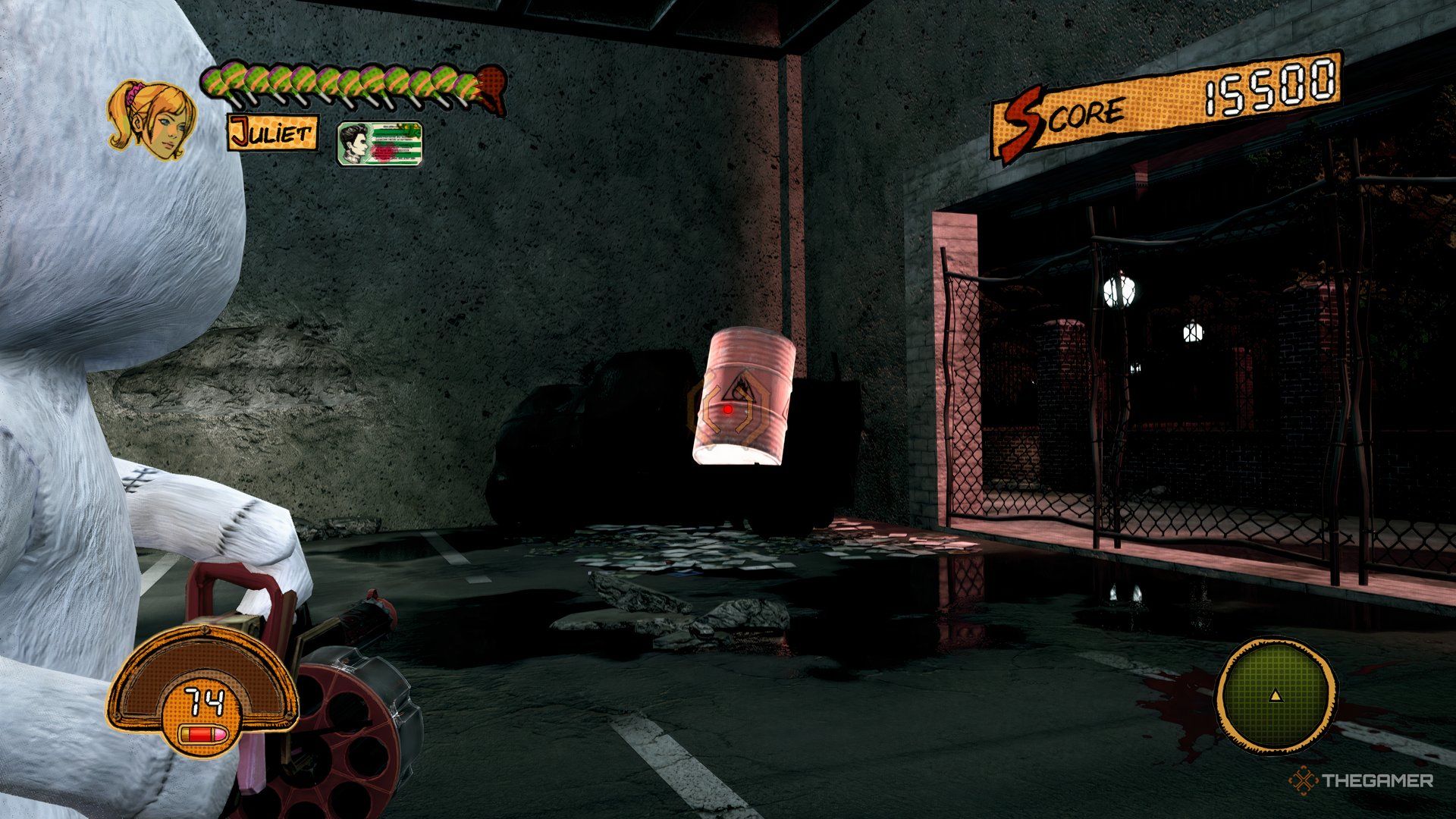A red barrel in the beginning of the stage that you can destroy to get a Golden Lollipop.