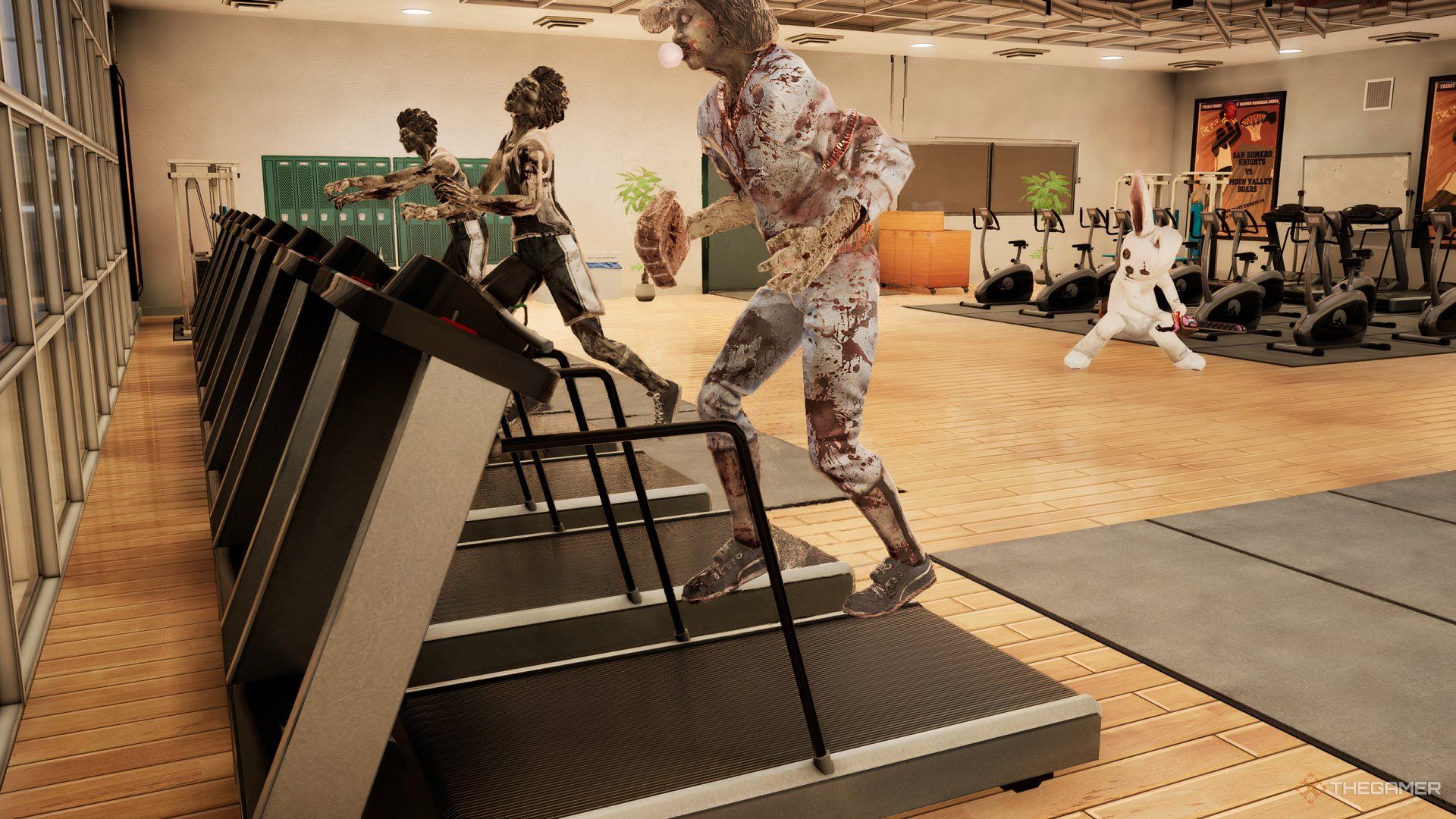 A bunch of undead working on getting their fitness in check in the gym as Juliet barges in for a quick showdown.