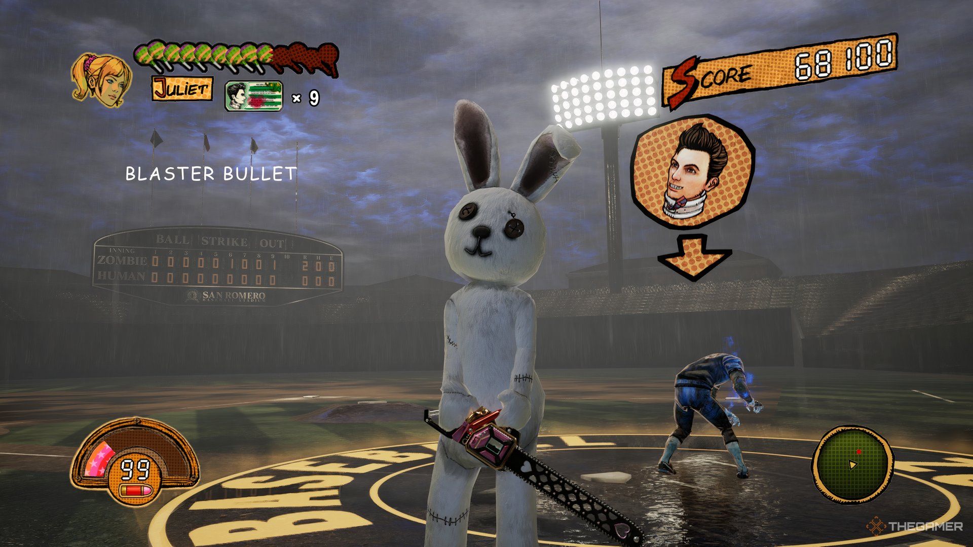 Juliet looking at Nick run around the pitch during a game of Zombie Baseball in the second stage of Lollipop Chainsaw RePOP.