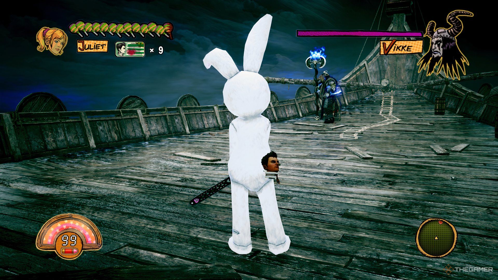 Juliet facing off against Vikke, the final boss of the second stage, while holding a Chainsaw Blaster in hand.