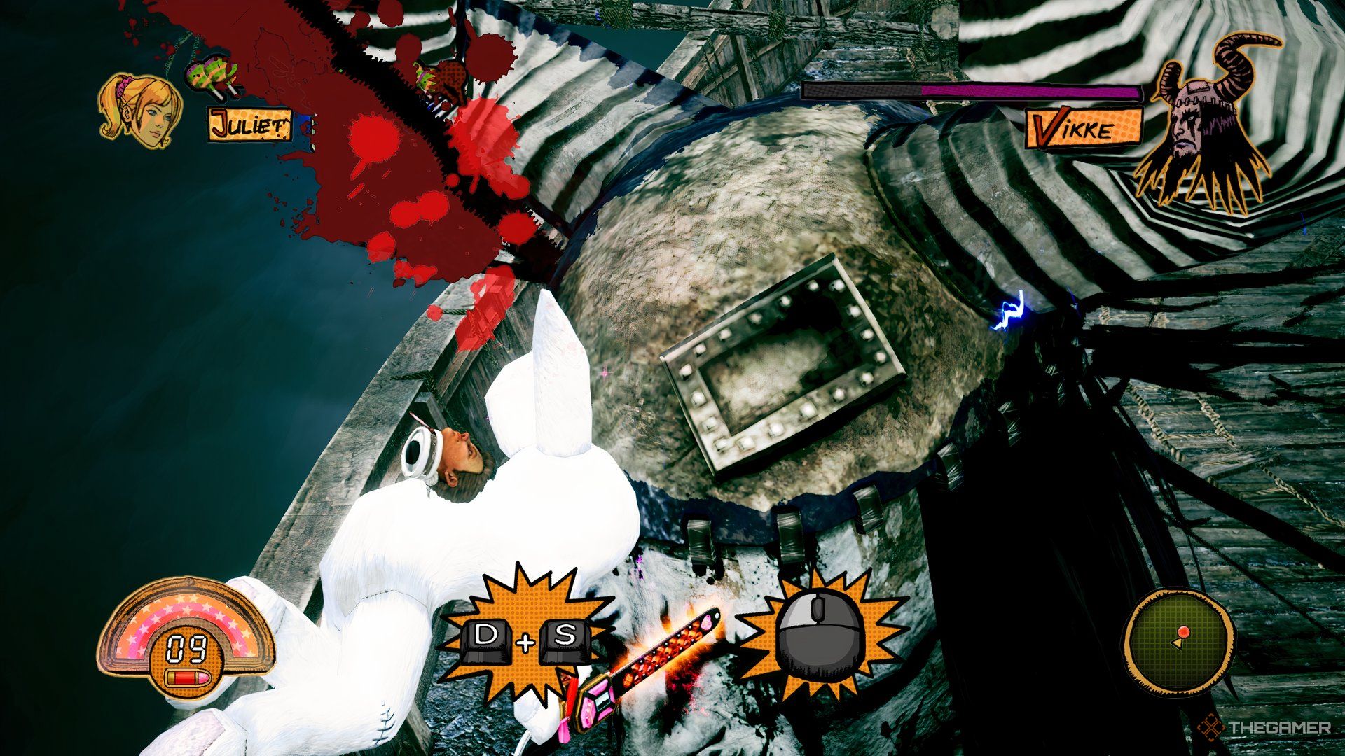 Completing the small QTE at the end of the second stage in Lollipop Chainsaw RePOP in order to defeat the boss, Vikke, in the third phase.