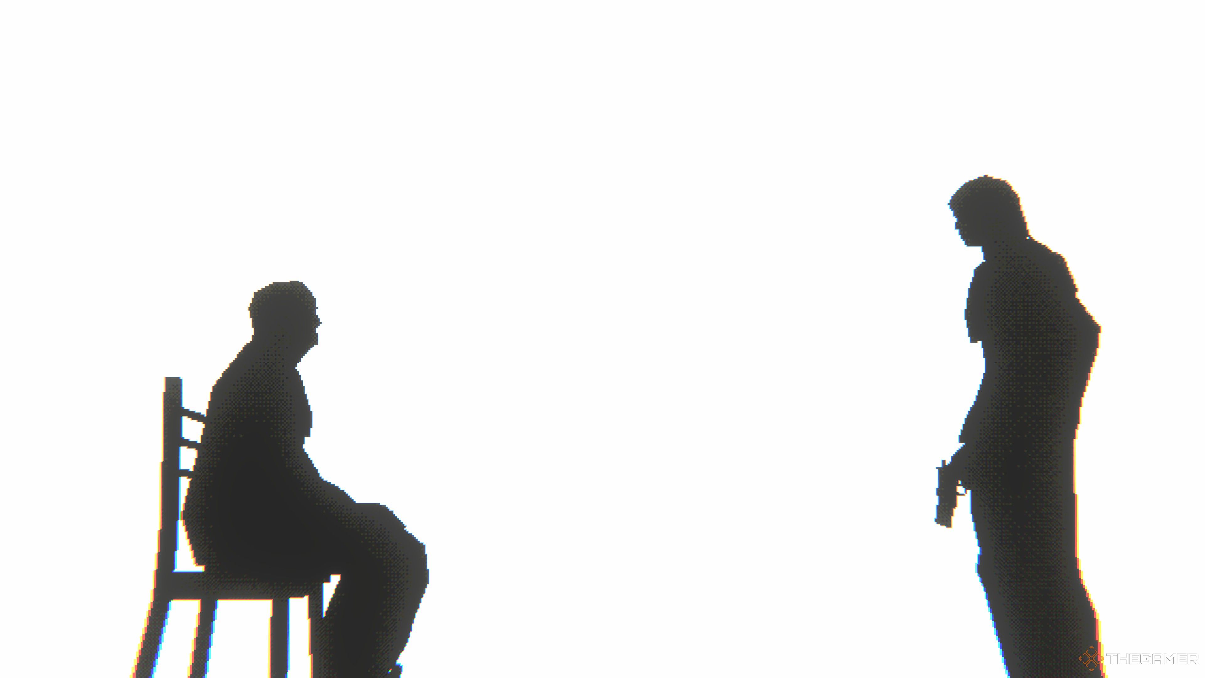 Mouthwashing silhouette of one character in a chair while the other holds a gun