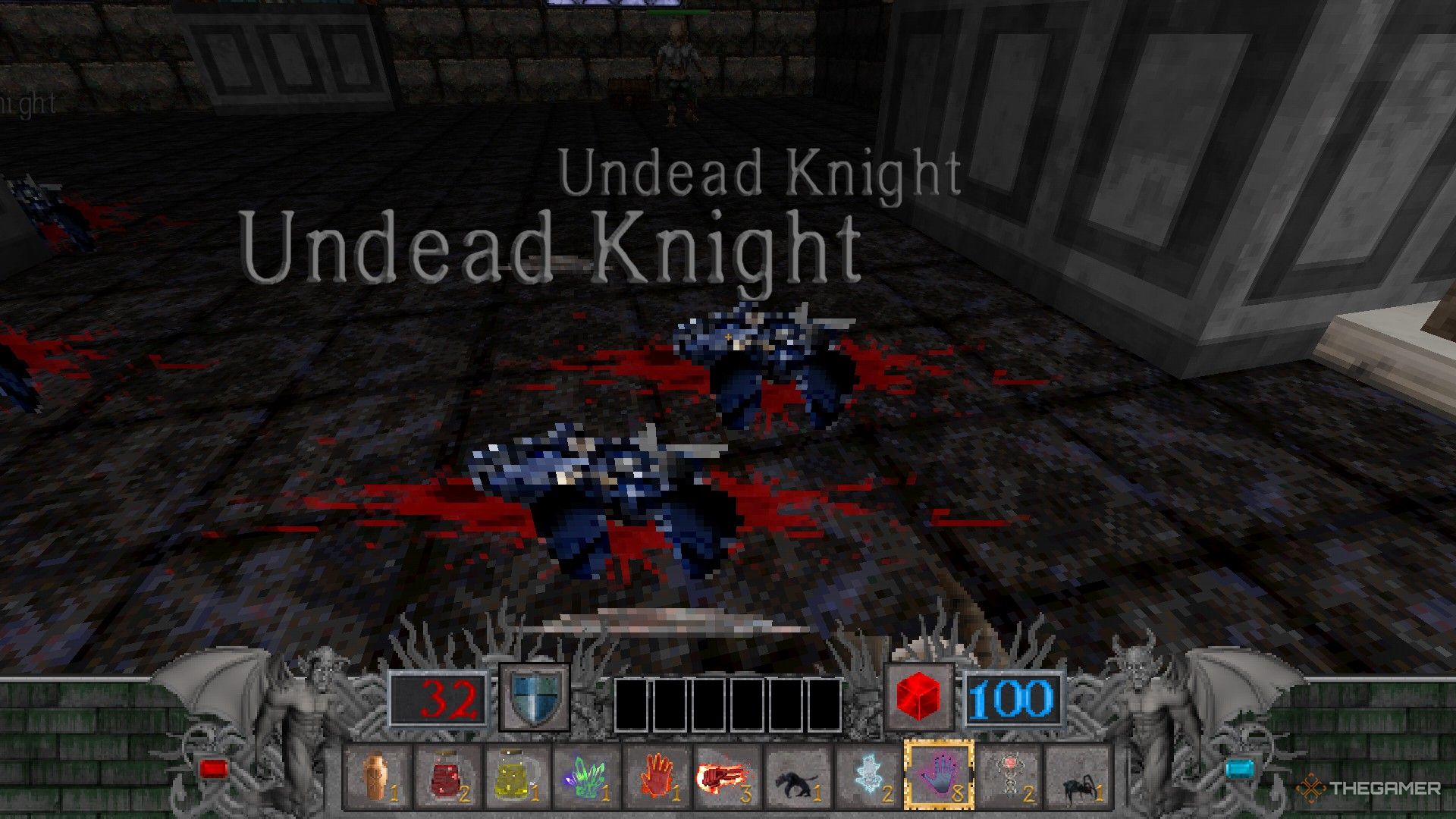 بازیکن در Hands of Necromancy 2 در مقابل دو جسد Undead Knight ایستاده است.