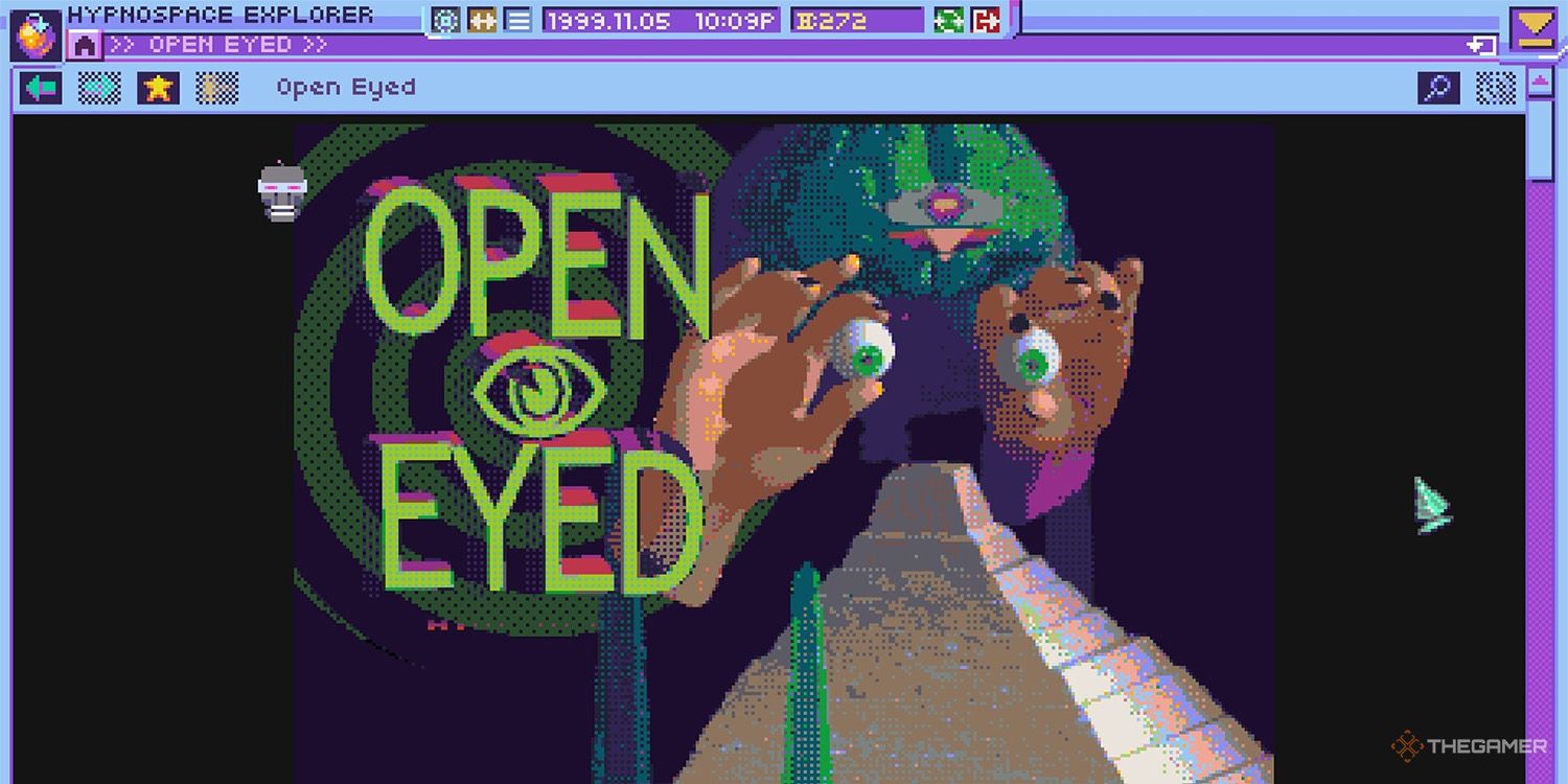 A psychedelic advertisement for the Open-Eyed group is shown in Hypnospace Outlaw.
