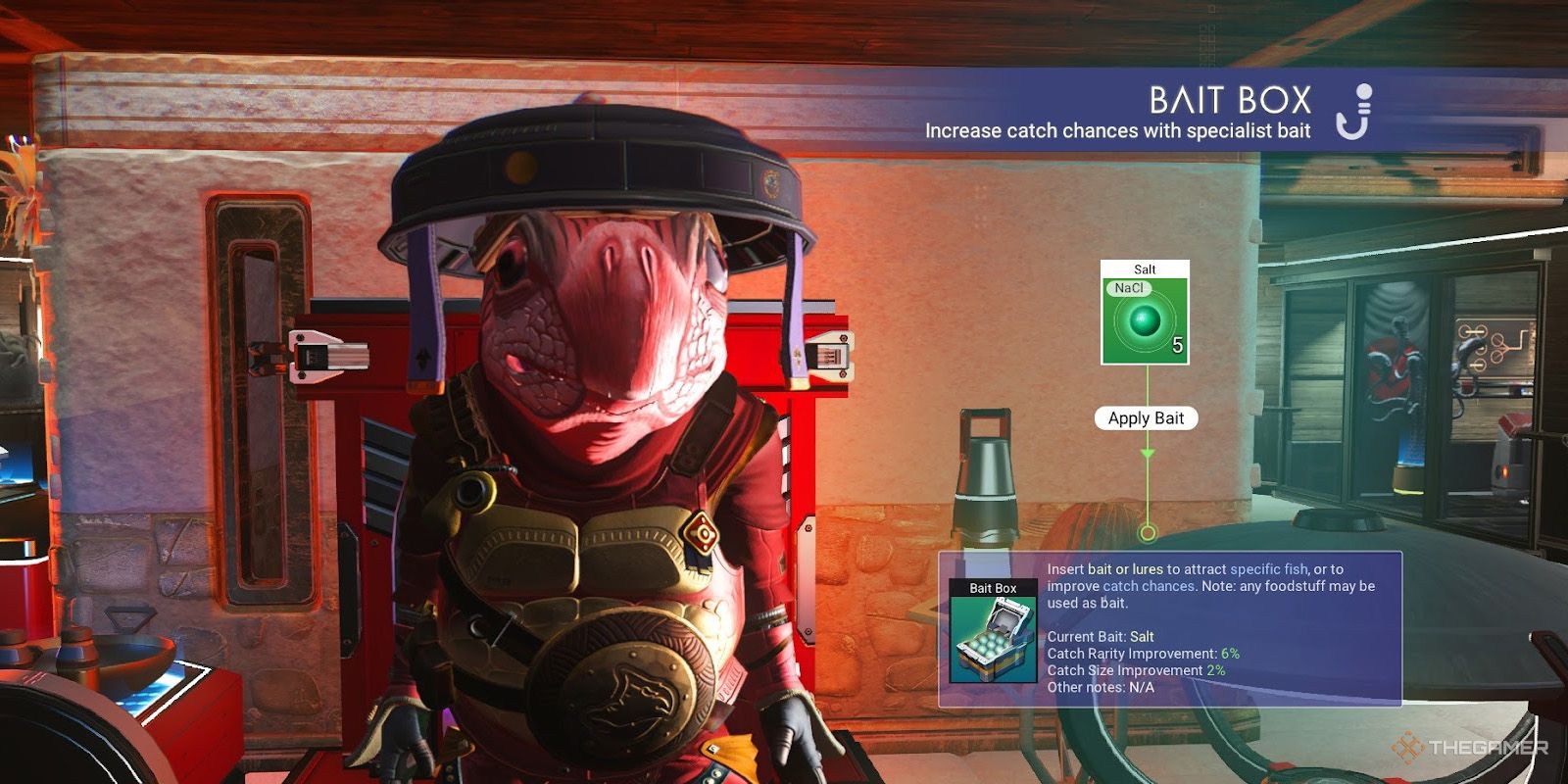 A Gek stands beside a infobox for elemental salt as a fishing bait in No Man's Sky.