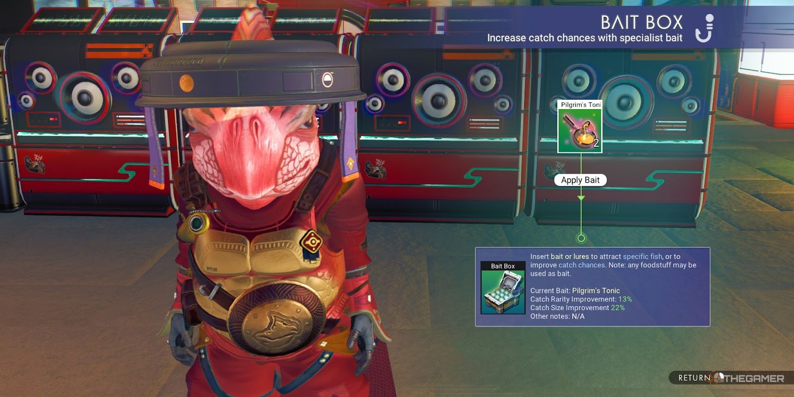 A red No Man's Sky Gek stands beside an infobox for Pilgrim's Tonic bait.