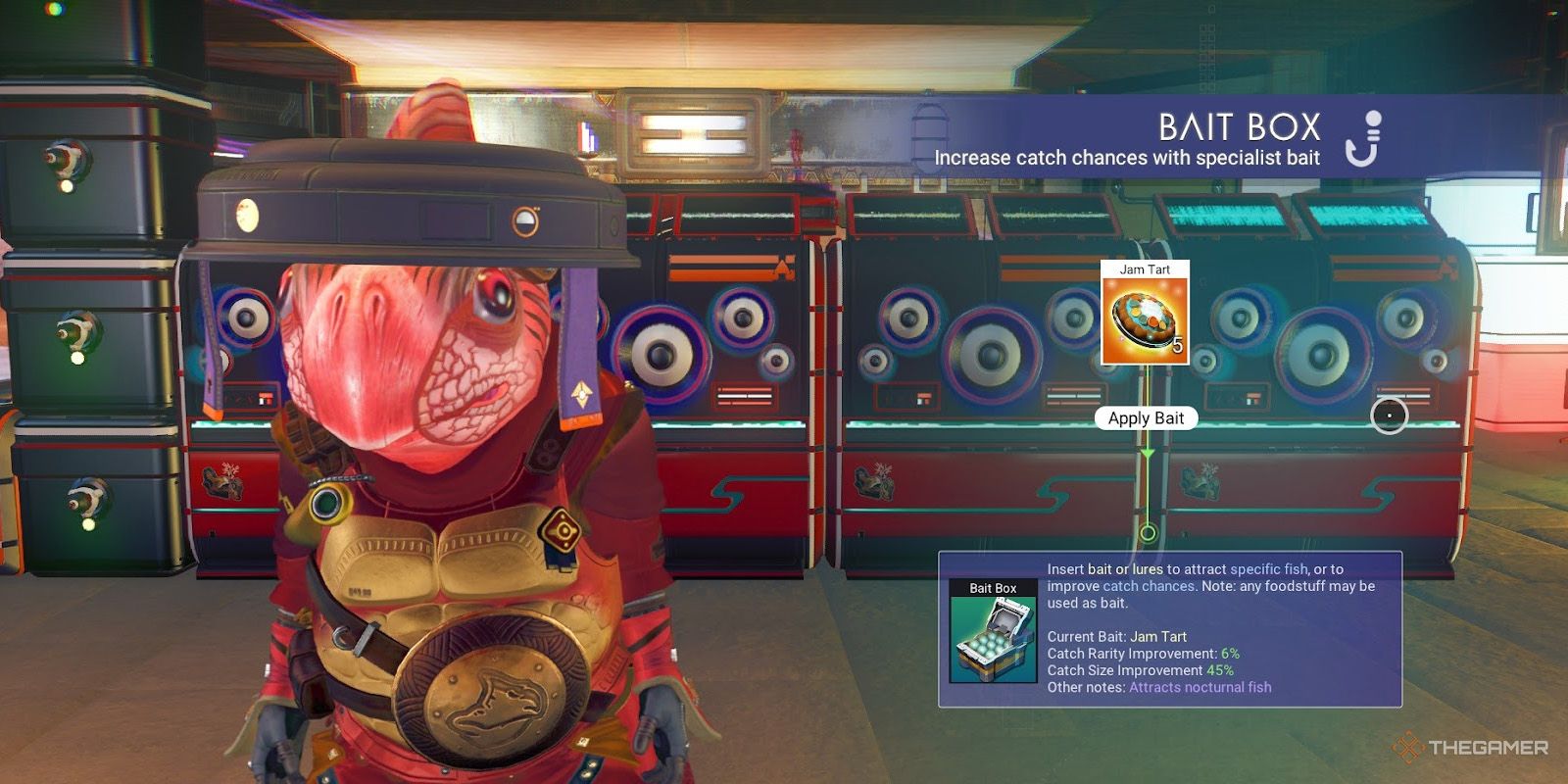 A Gek stands beside the information panel for a jam tart in No Man's Sky's fishing bait box.