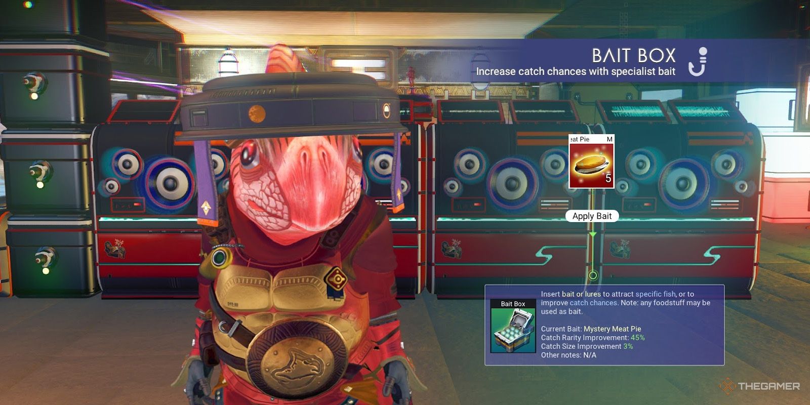 A small Gek looks at the informative panel for using mystery meat pie as a bait in No Man's Sky.