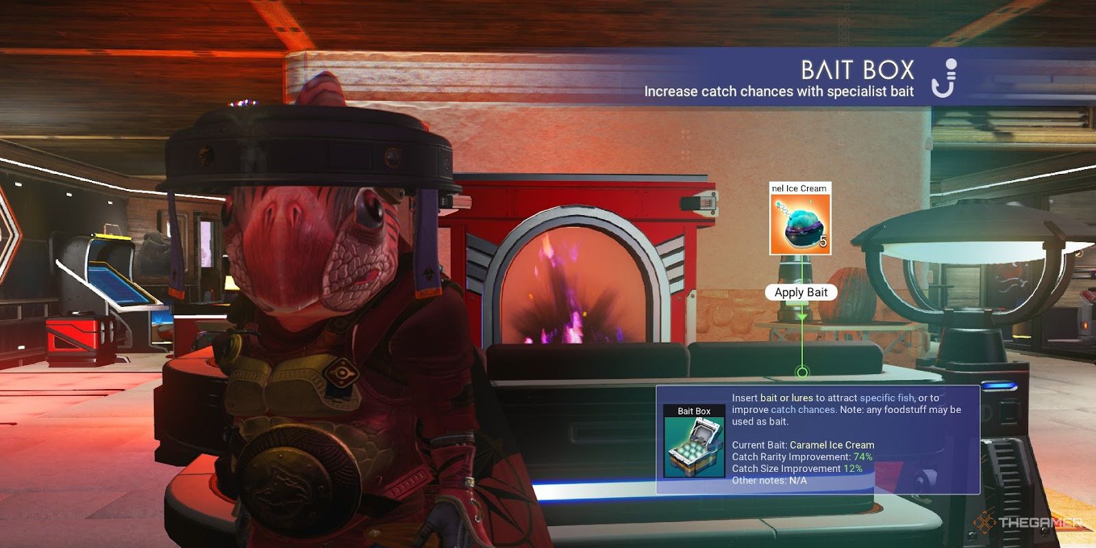 A Gek stands in front of a fireplace in No Man's Sky. To his right is the information for caramel ice cream bait.