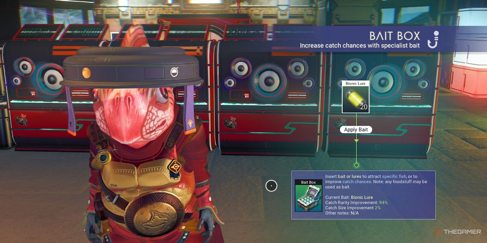 A Gek shows off the stats for No Man's Sky's bionic lure bait.