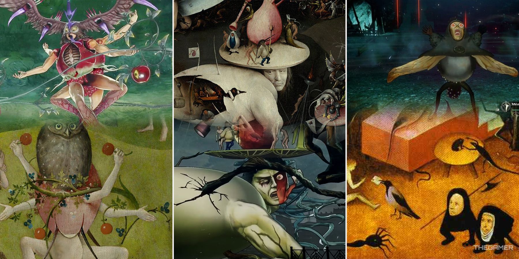 Three Metaphor: ReFantazio bosses and their Hieronymous Bosch counterparts; from left to right: Homo Gorleo and Garden of Earthly Delights, Homo Avades and Garden of Earthly Delights, and Homo Fulquilo and Death of the Reprobate.