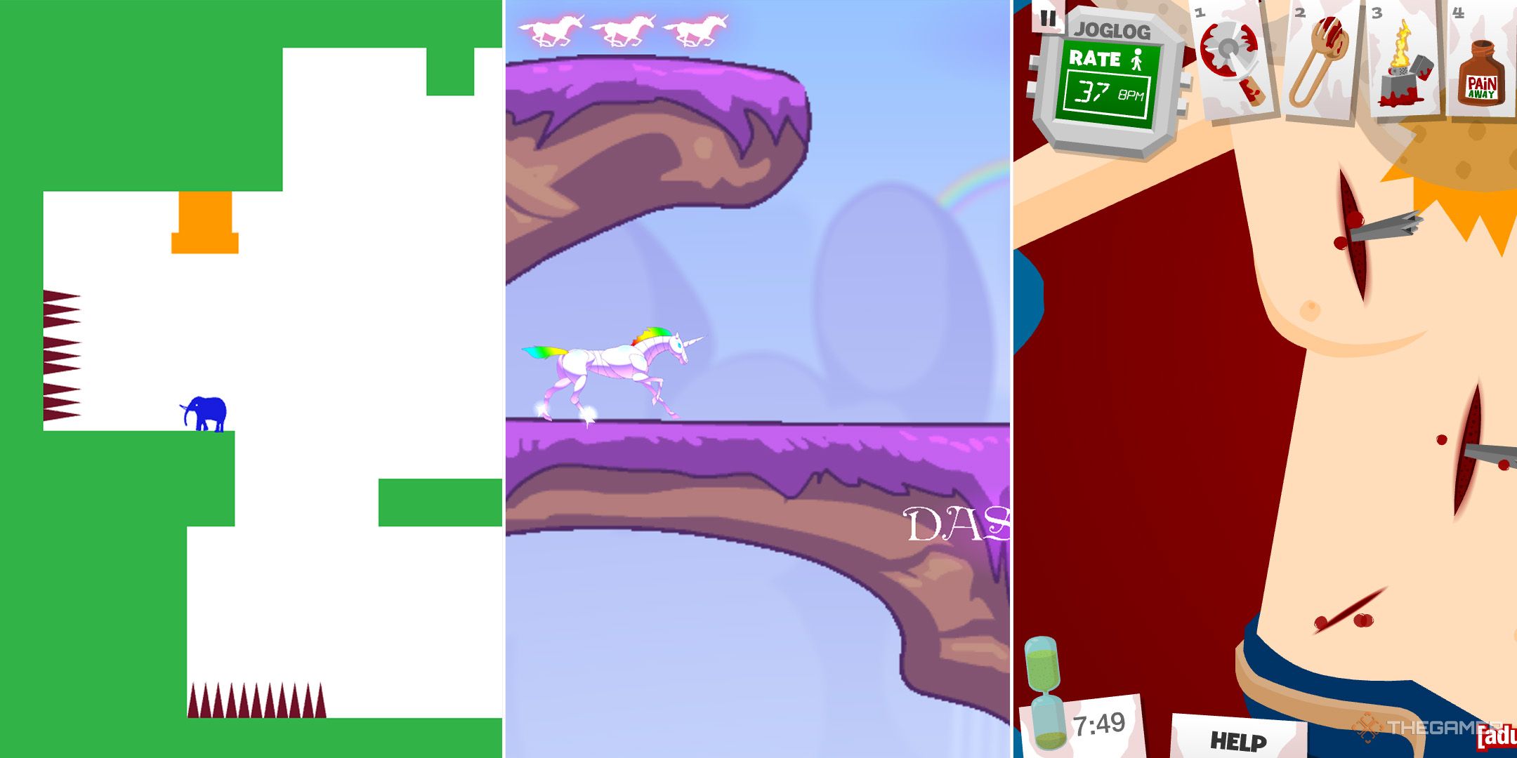 Three forgotten browser games, from left to right: This Is the Only Level, Robot Unicorn Attack, and Amateur Surgeon.