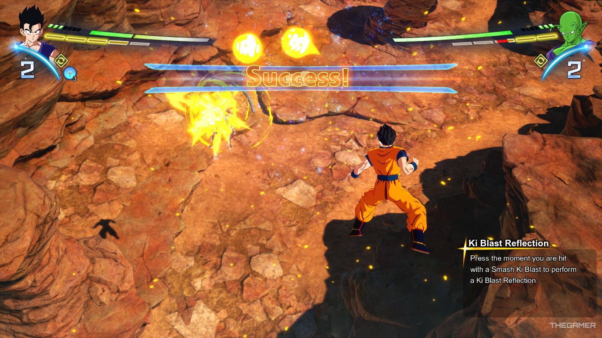 The image shows that Gohan has successfully reflected a Smash Ki Blast in training mode of Dragon Ball: Sparking Zero.