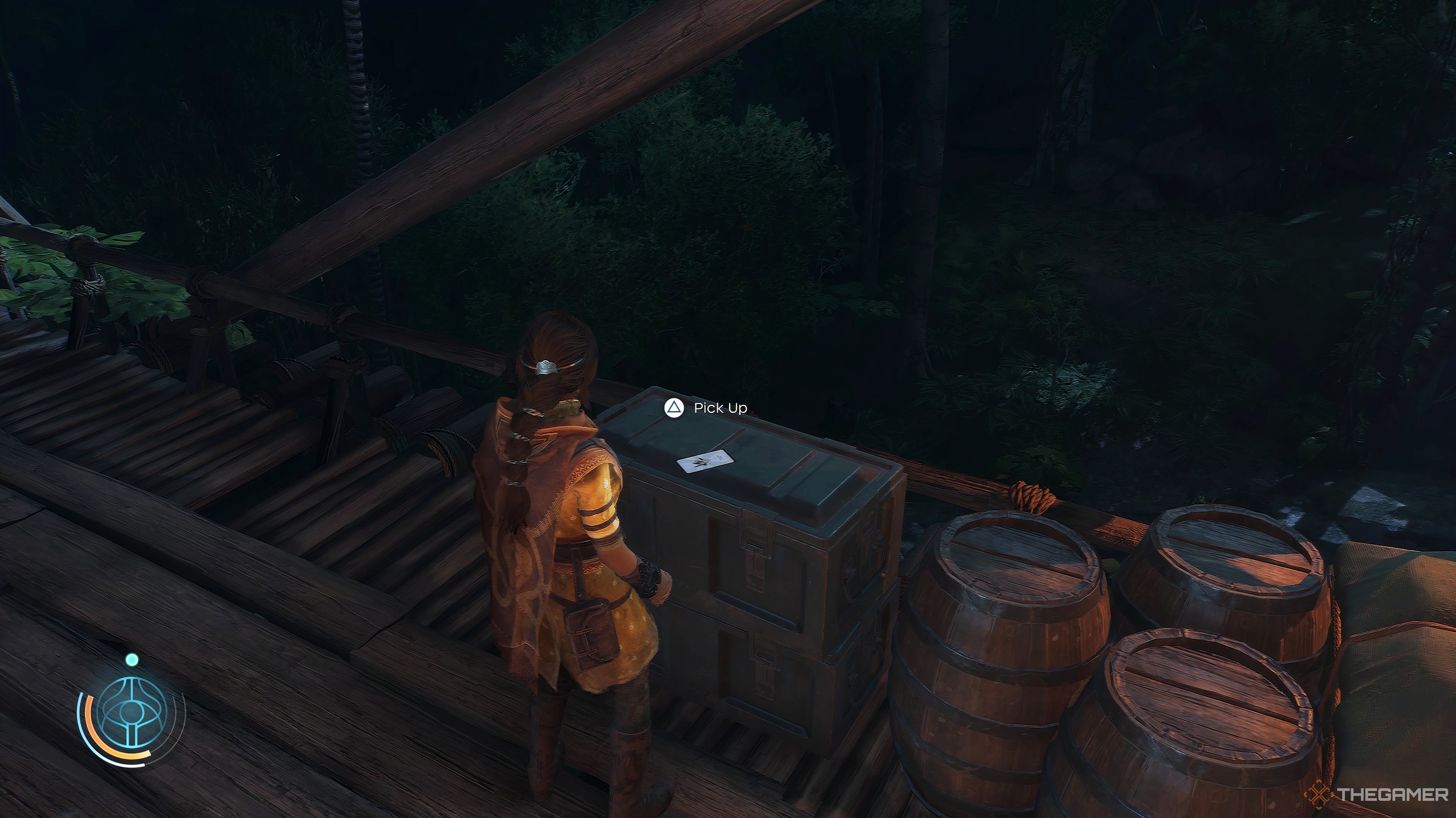 Haroona standing by an Ascension Card on a crate in Unknown 9: Awakening.