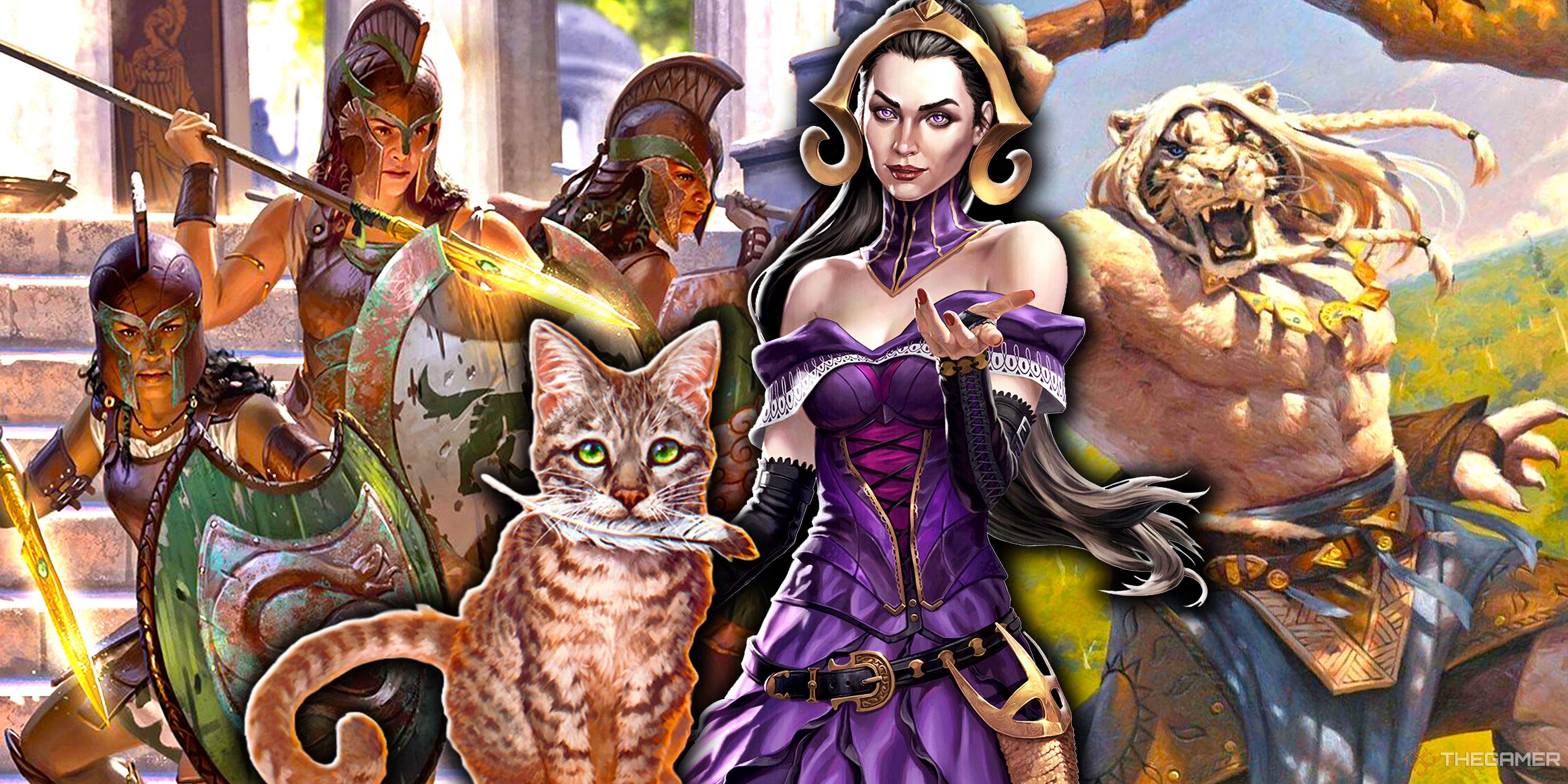 A cat, Liliana, Ajani, and soldiers from Magic: The Gathering's Foundation set.